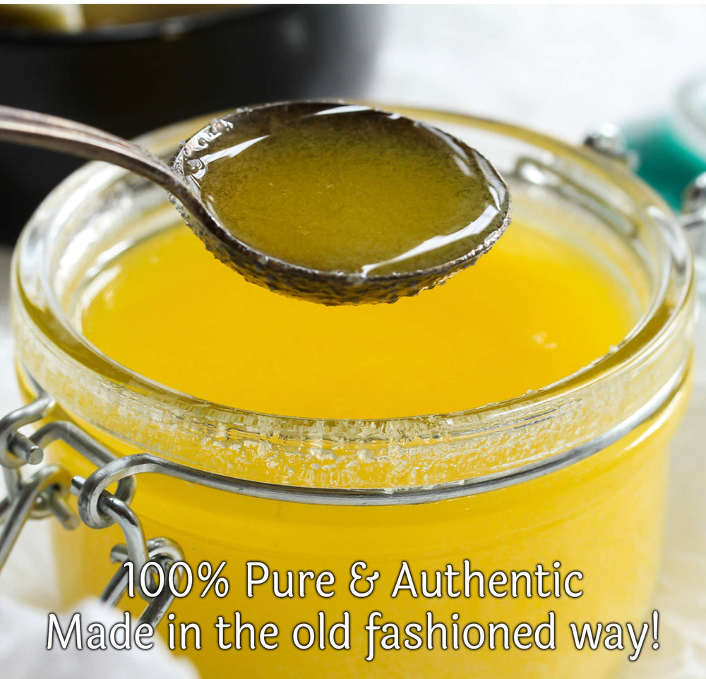 Jiva Organics spoonful showing creamy ghee texture for cooking versatility