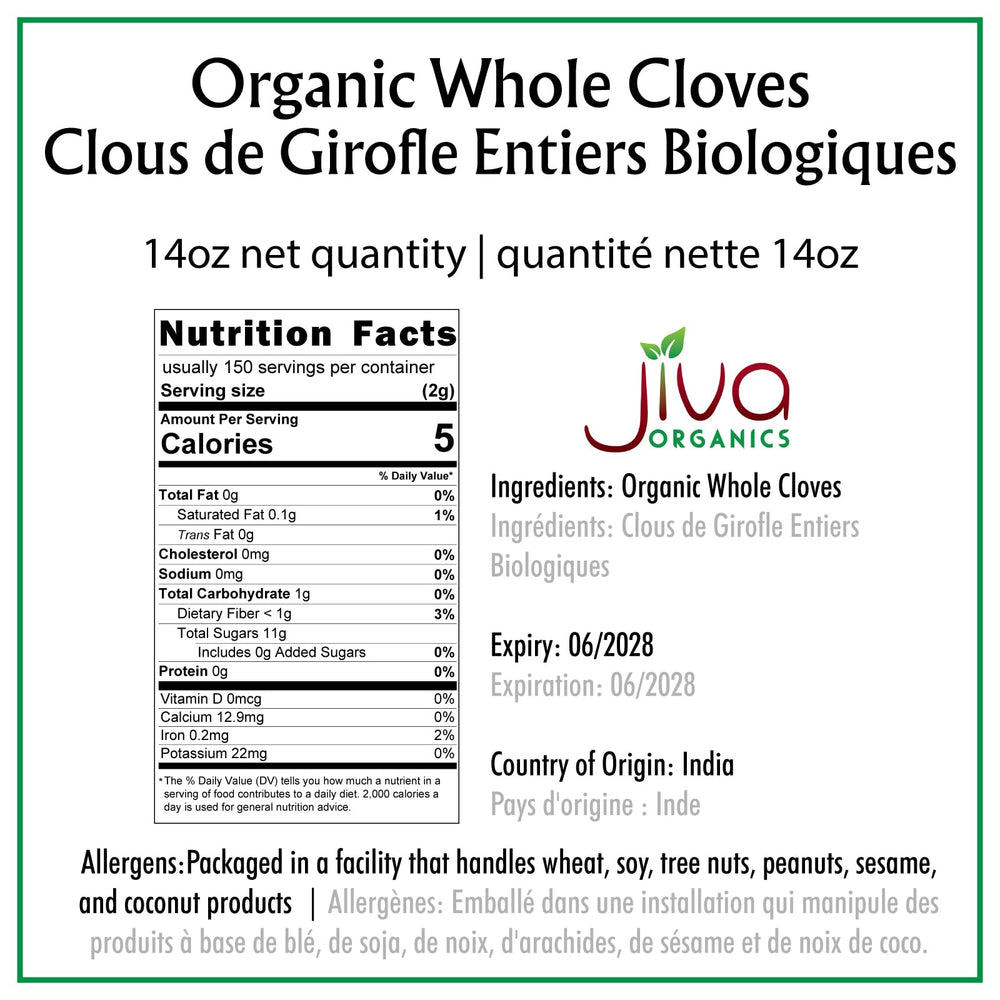 Jiva Organics cloves next to hand showing 14-ounce bulk scale