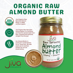 Jiva Organics open jar revealing creamy sprouted almond butter texture