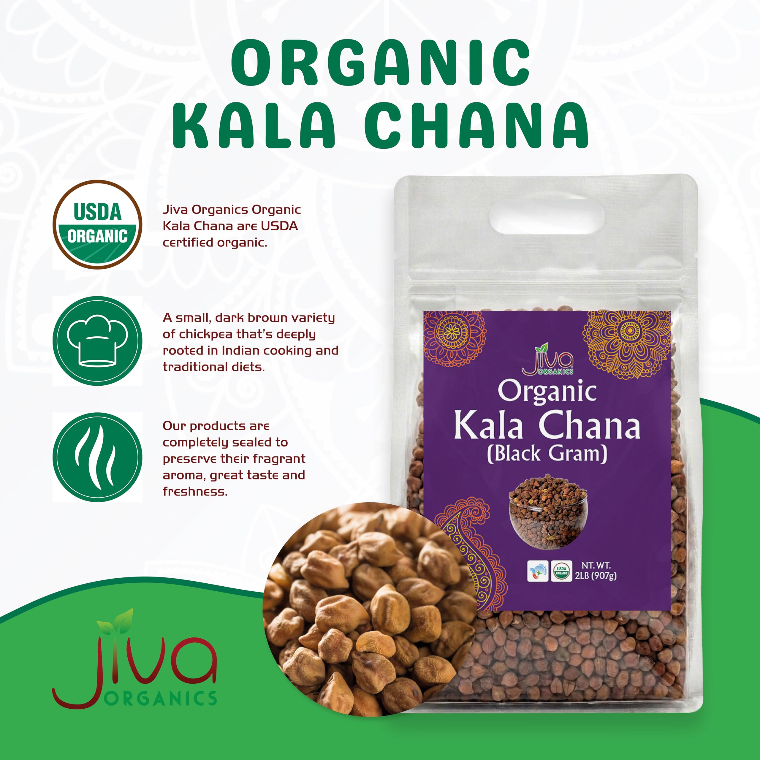 Jiva Organics open bag of black chickpeas displaying full natural contents
