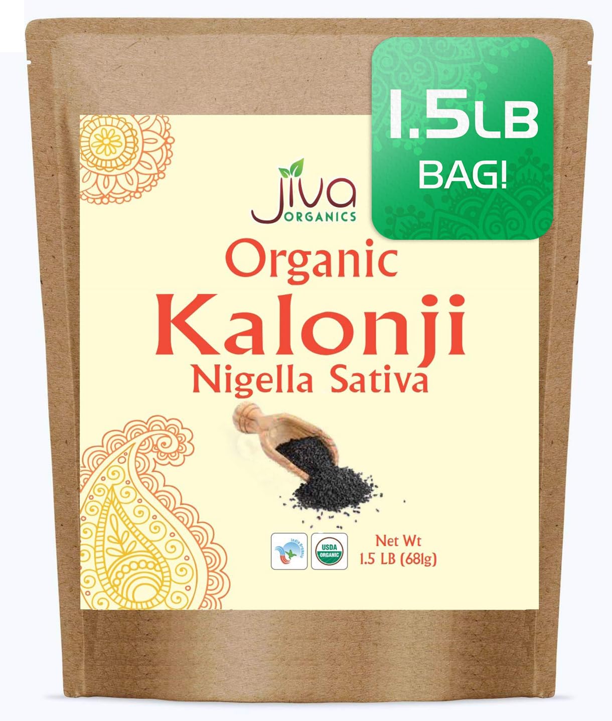 Jiva Organics front packaging showing 1.5 lb bag and organic label benefits