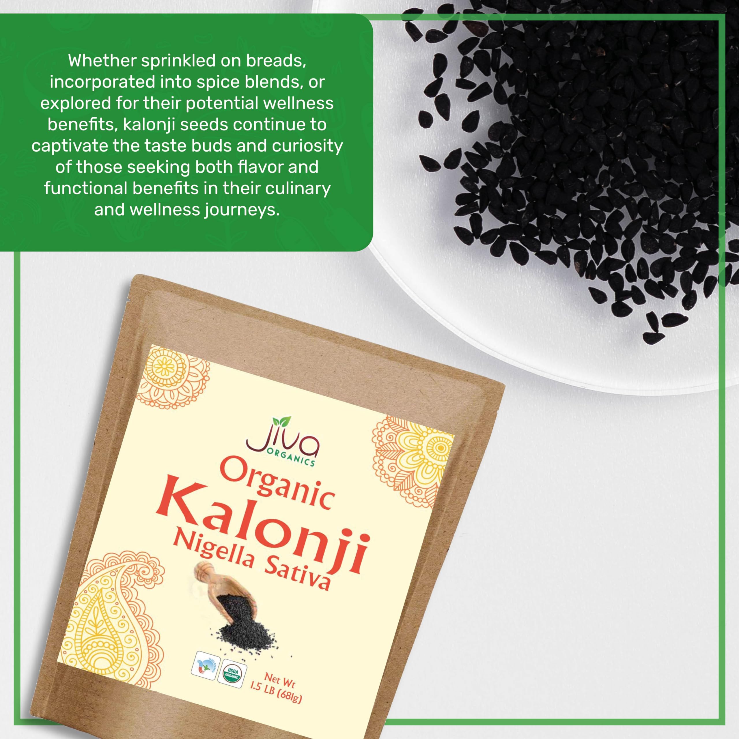 Jiva Organics wooden spoon heaping kalonji seeds for easy portioning