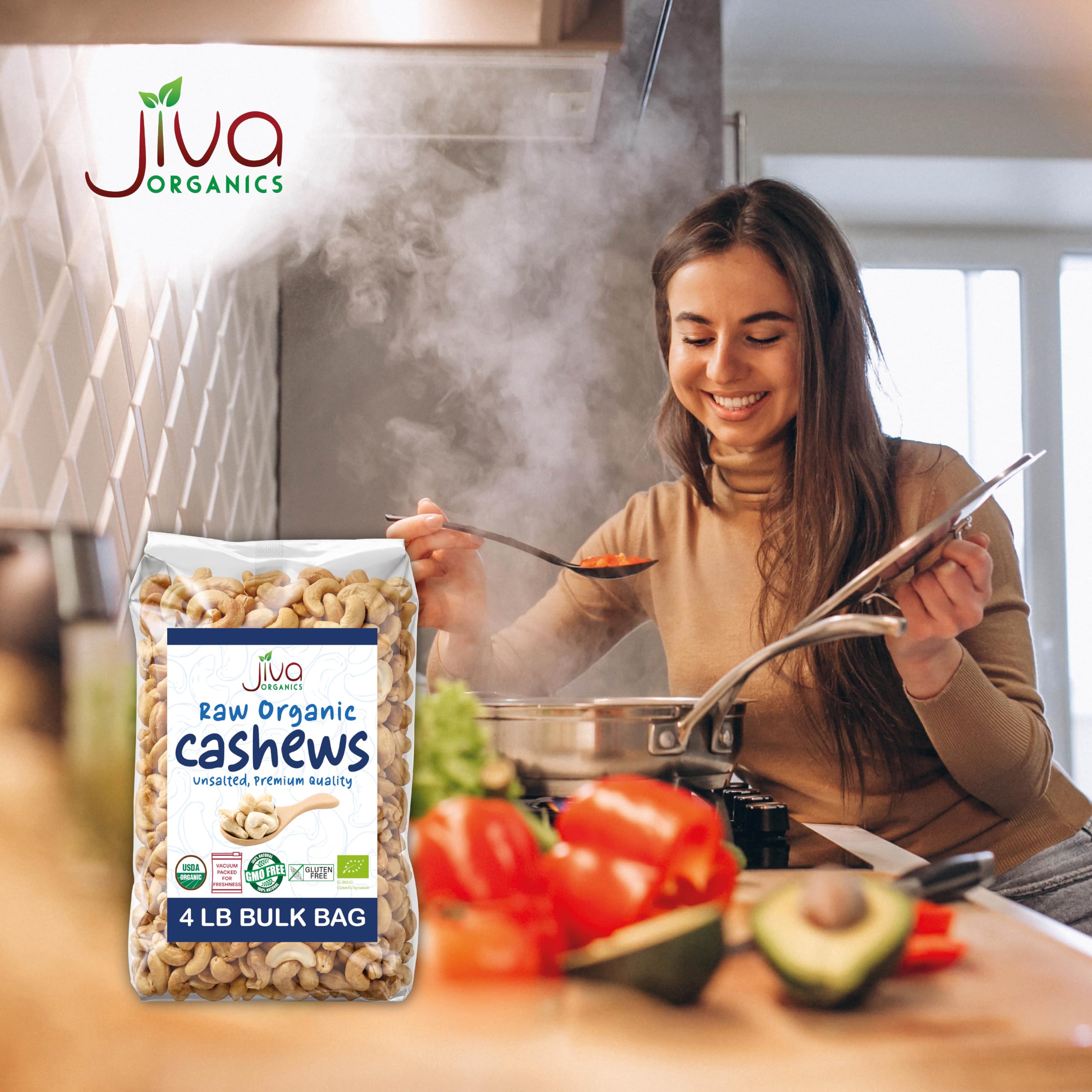 Jiva Organics cashews on a kitchen scale showing large 4 lb quantity benefit