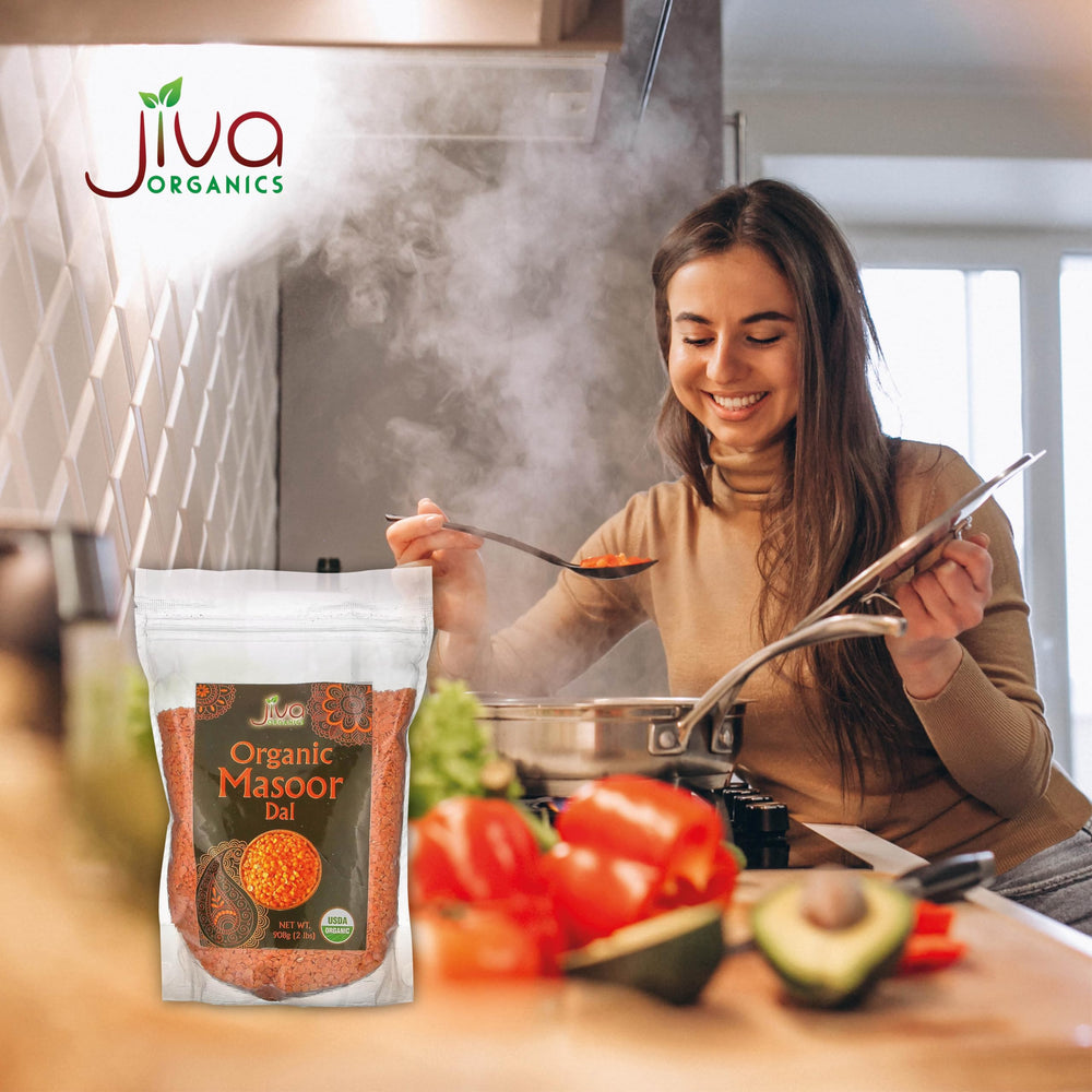 Jiva Organics measuring cup with lentils demonstrating serving size
