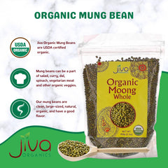 Close-up texture of Jiva Organics mung beans showing clean, uniform beans for reliable cooking