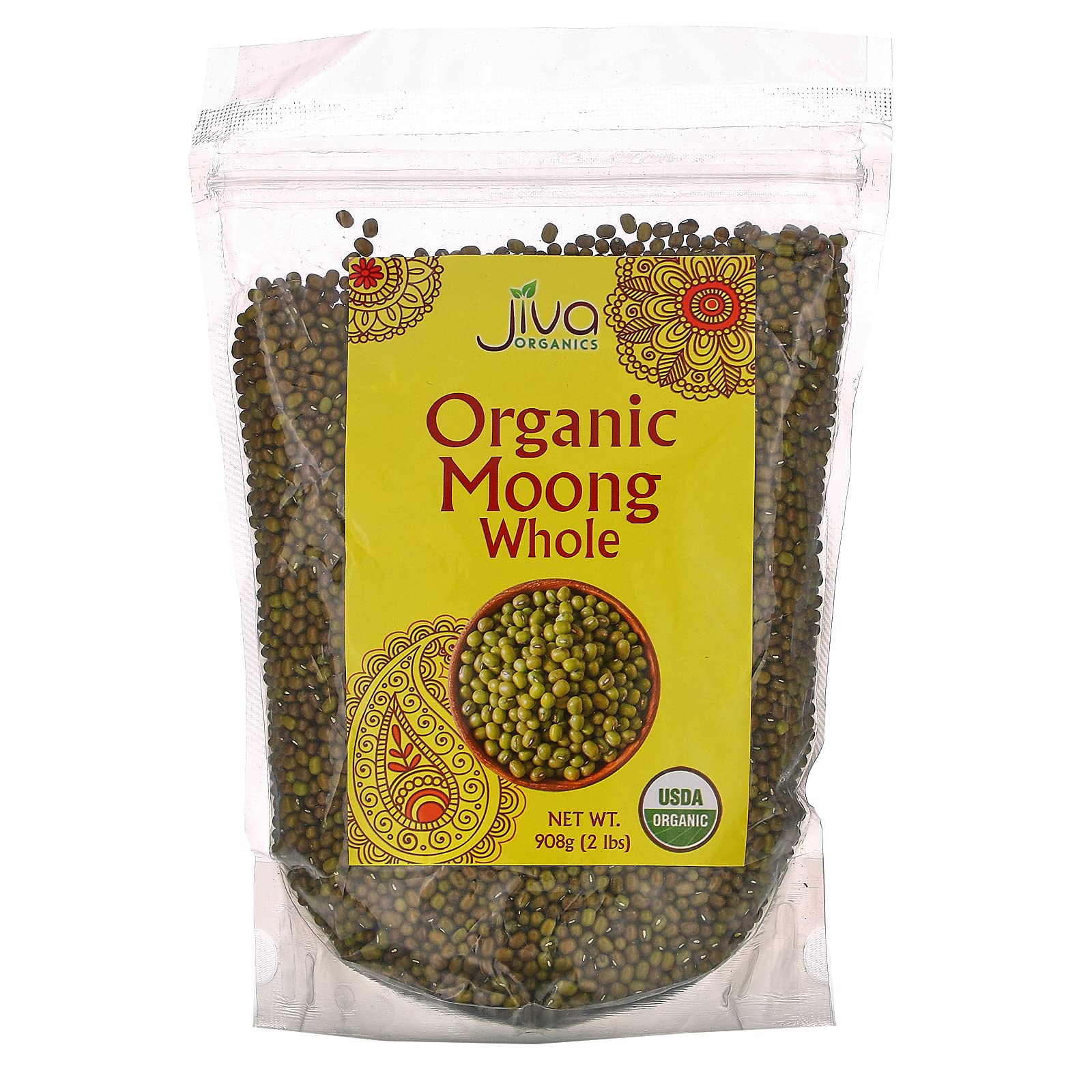 Jiva Organics front packaging of 2 lb mung beans showing brand and resealable bag benefit freshness