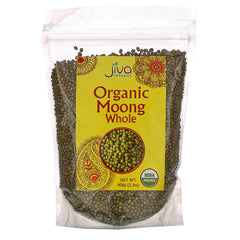 Jiva Organics front packaging of 2 lb mung beans showing brand and resealable bag benefit freshness