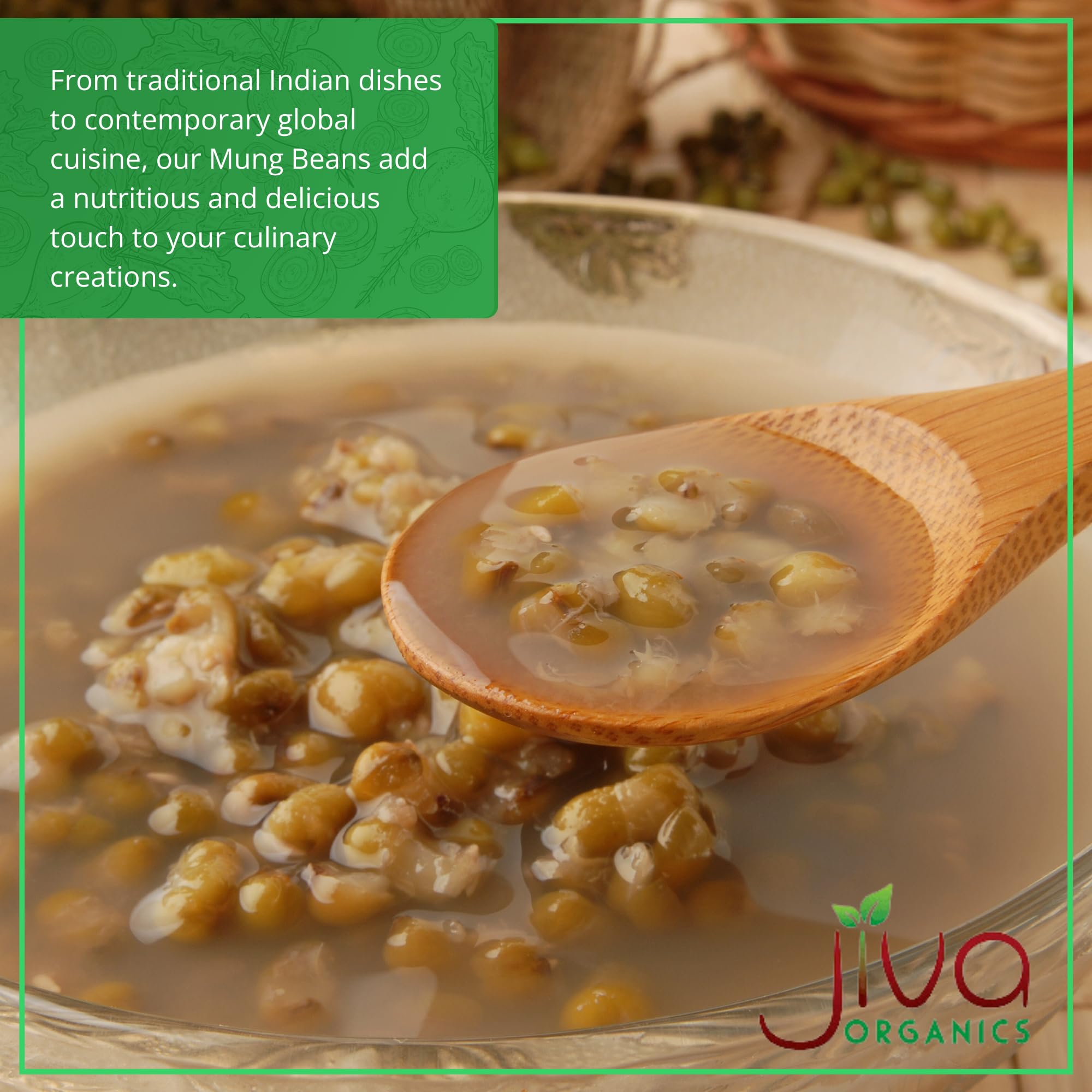 Label showing USDA Organic text on Jiva Organics mung beans verifying certified sourcing