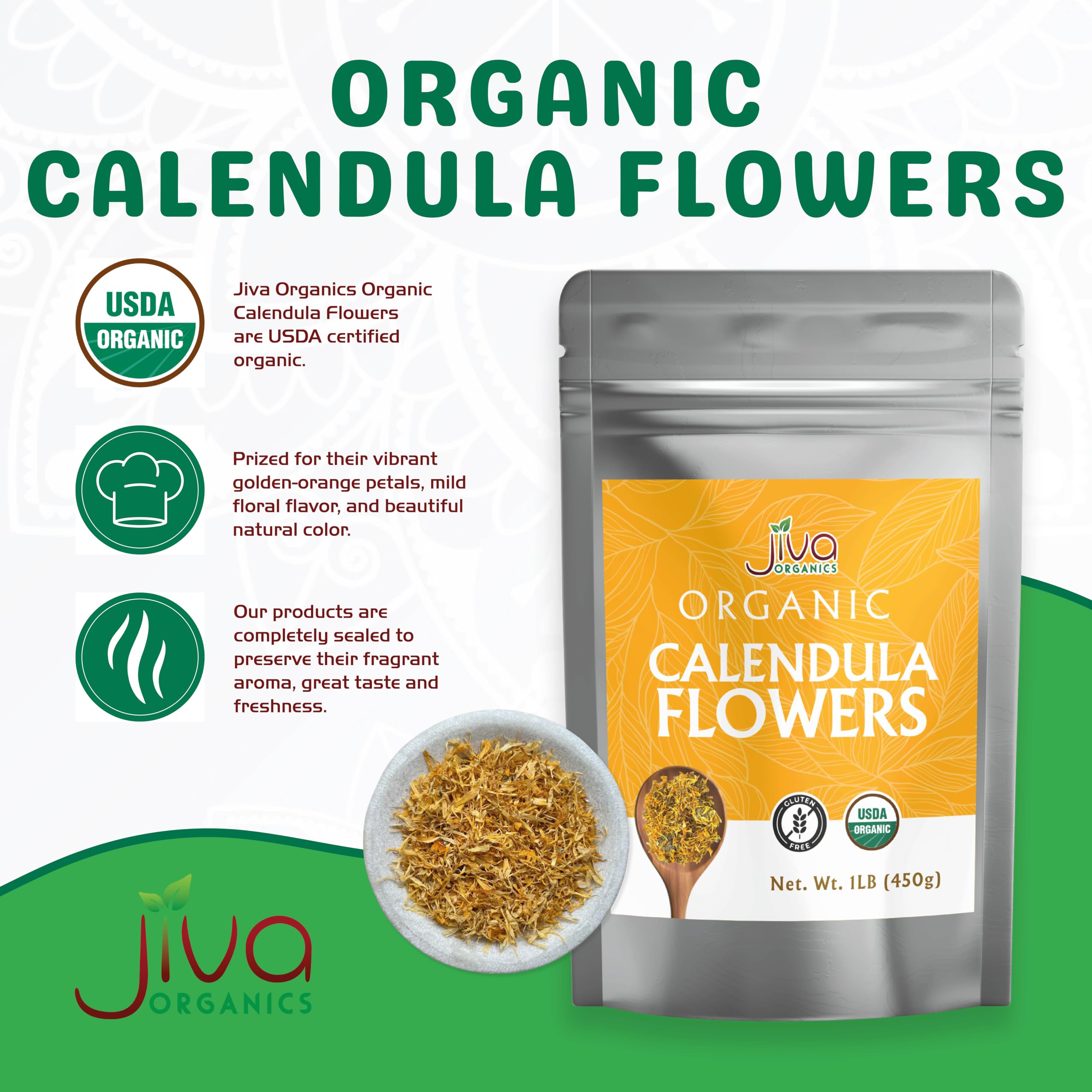 Jiva Organics dried calendula petals on a wooden spoon for easy measuring benefit