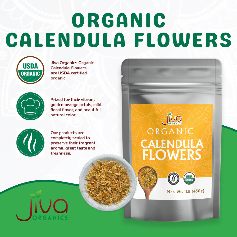 Jiva Organics dried calendula petals on a wooden spoon for easy measuring benefit