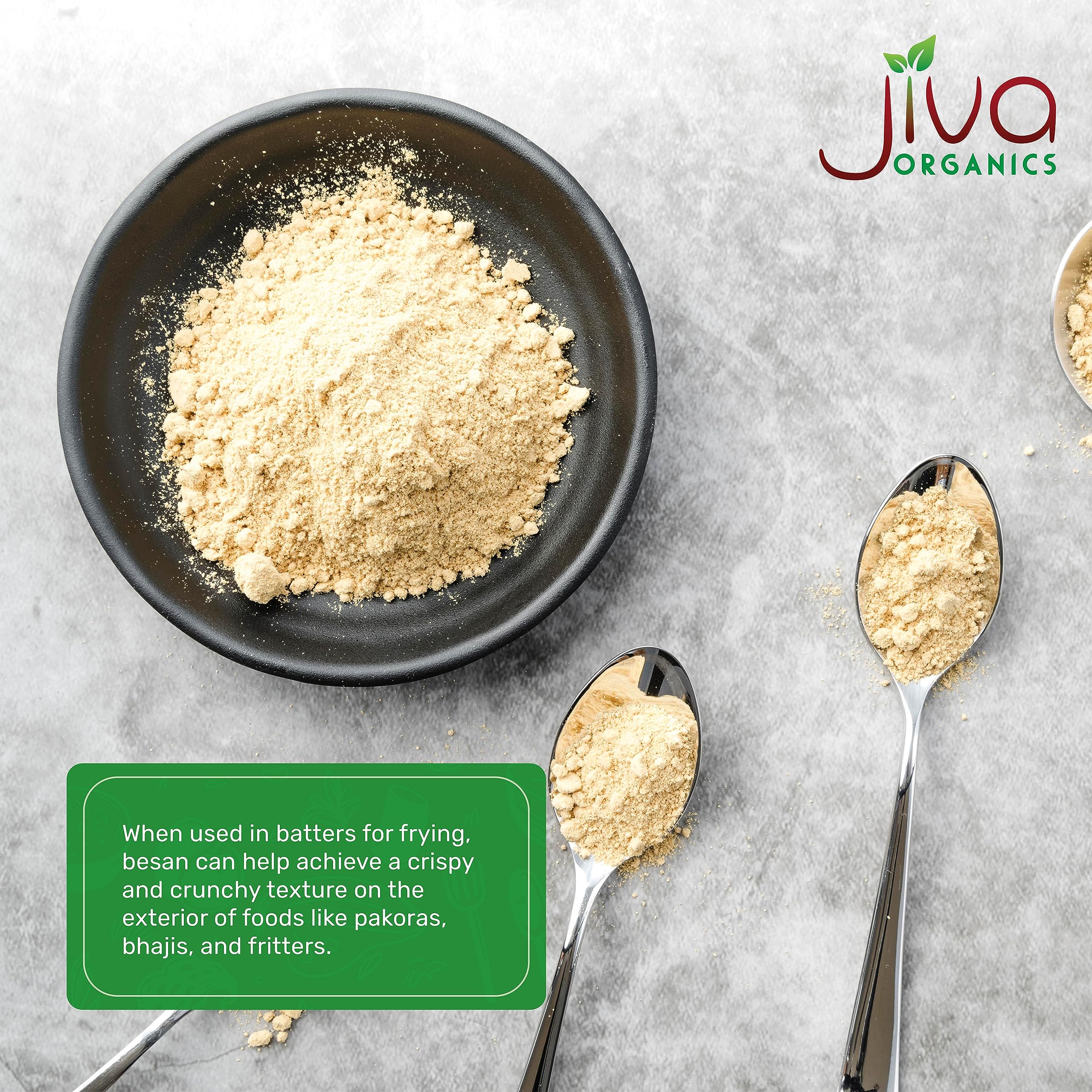 Jiva Organics 2 lb bag next to measuring cup illustrating size and portion guidance