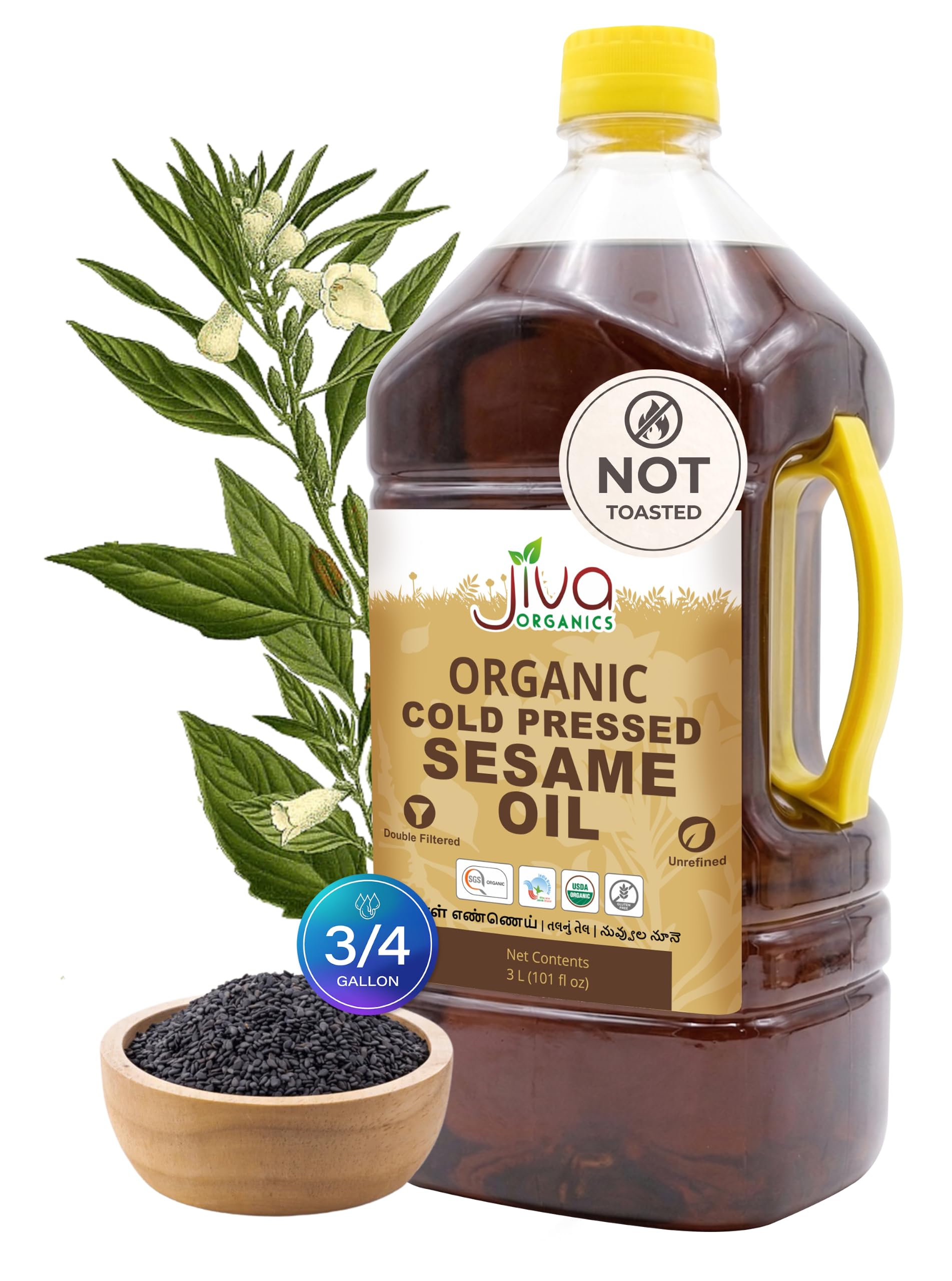 Jiva Organics front label on 3 liter bottle showing organic quality and neutral flavor