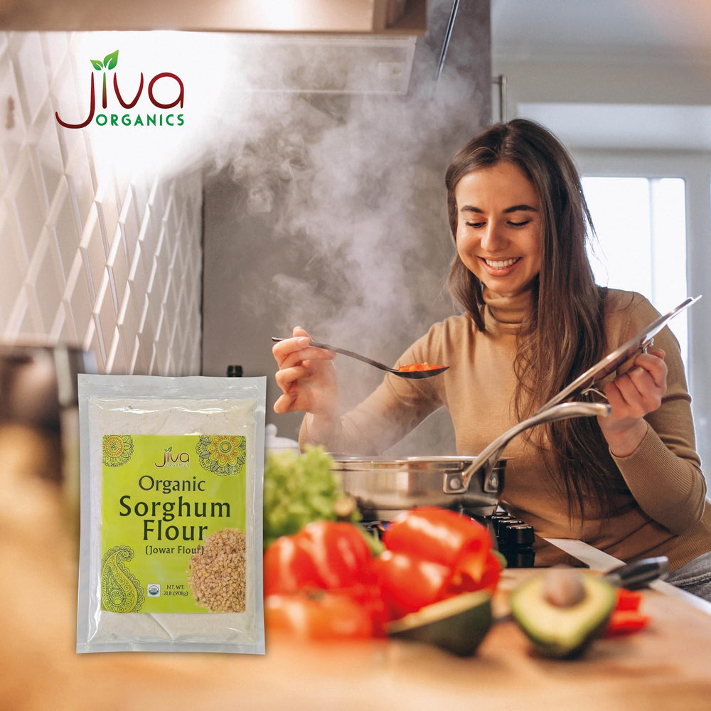 measuring bowl of Jiva Organics sorghum flour beside scale showing portion size