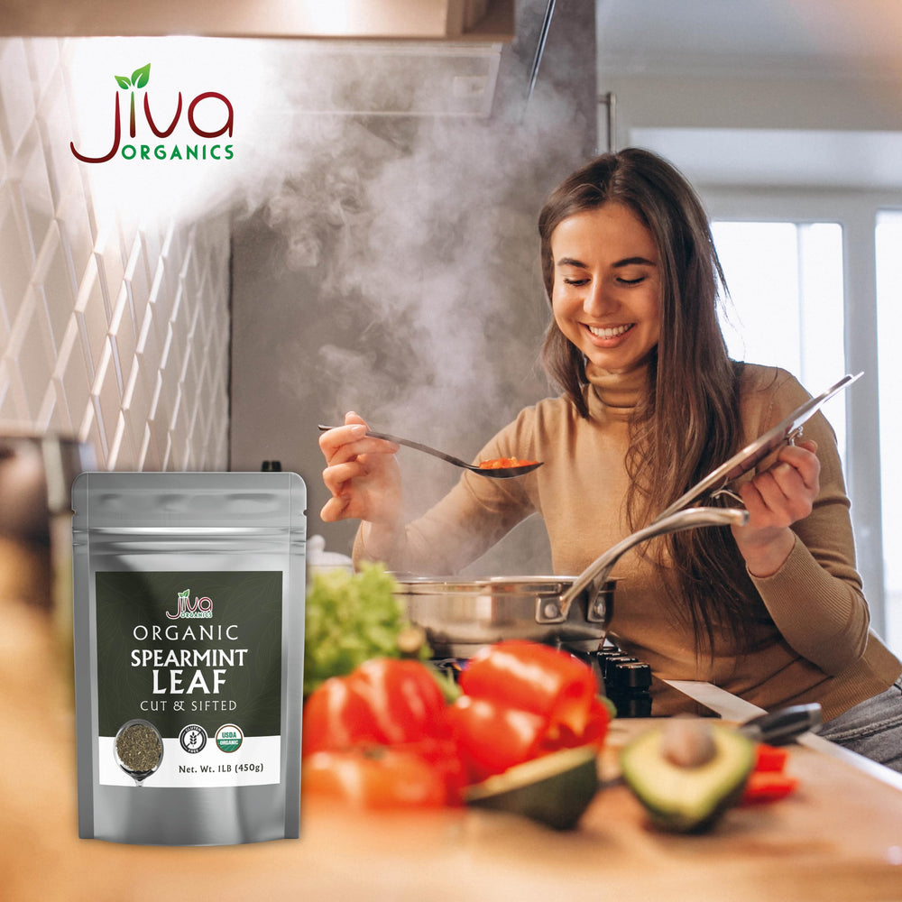 Spearmint leaves used as a garnish on a dish showcasing Jiva Organics culinary boost