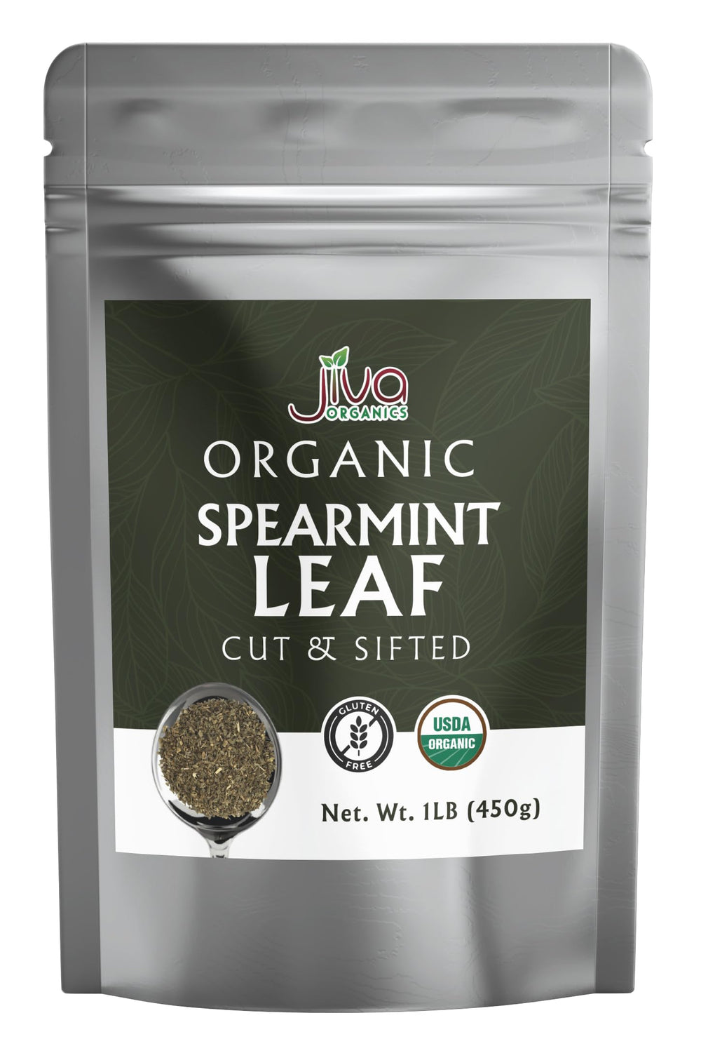 Jiva Organics front packaging showing sealed one-pound bag and fresh mint benefit