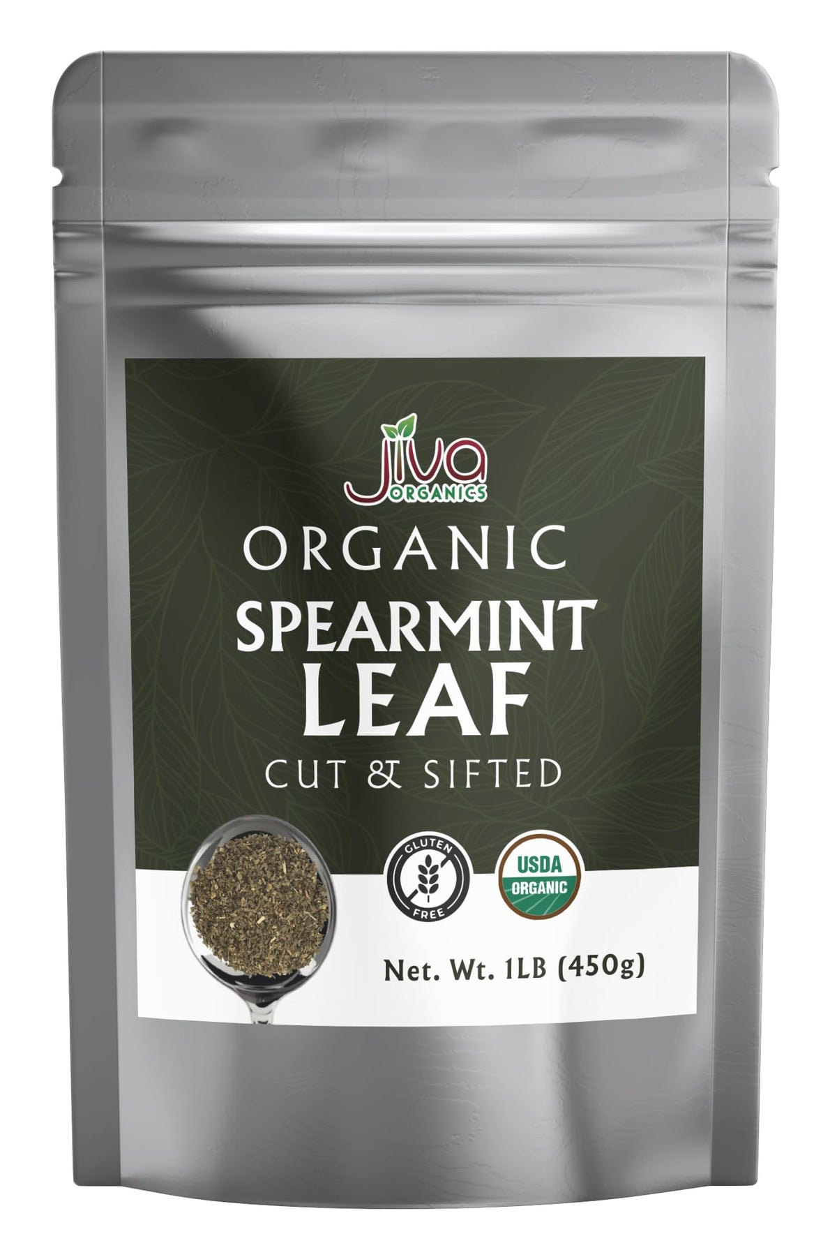 Jiva Organics front packaging showing sealed one-pound bag and fresh mint benefit