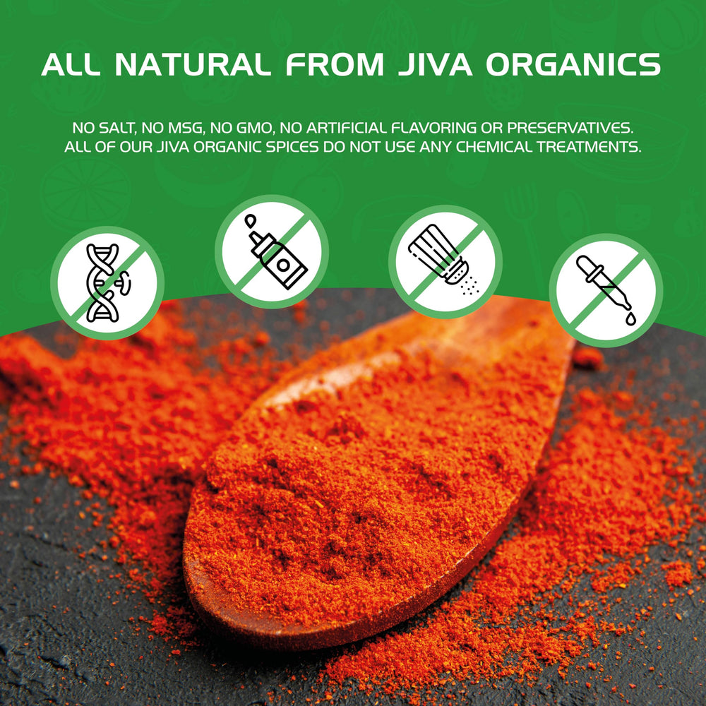 Jiva Organics jar on spice rack showing pantry-ready storage benefit