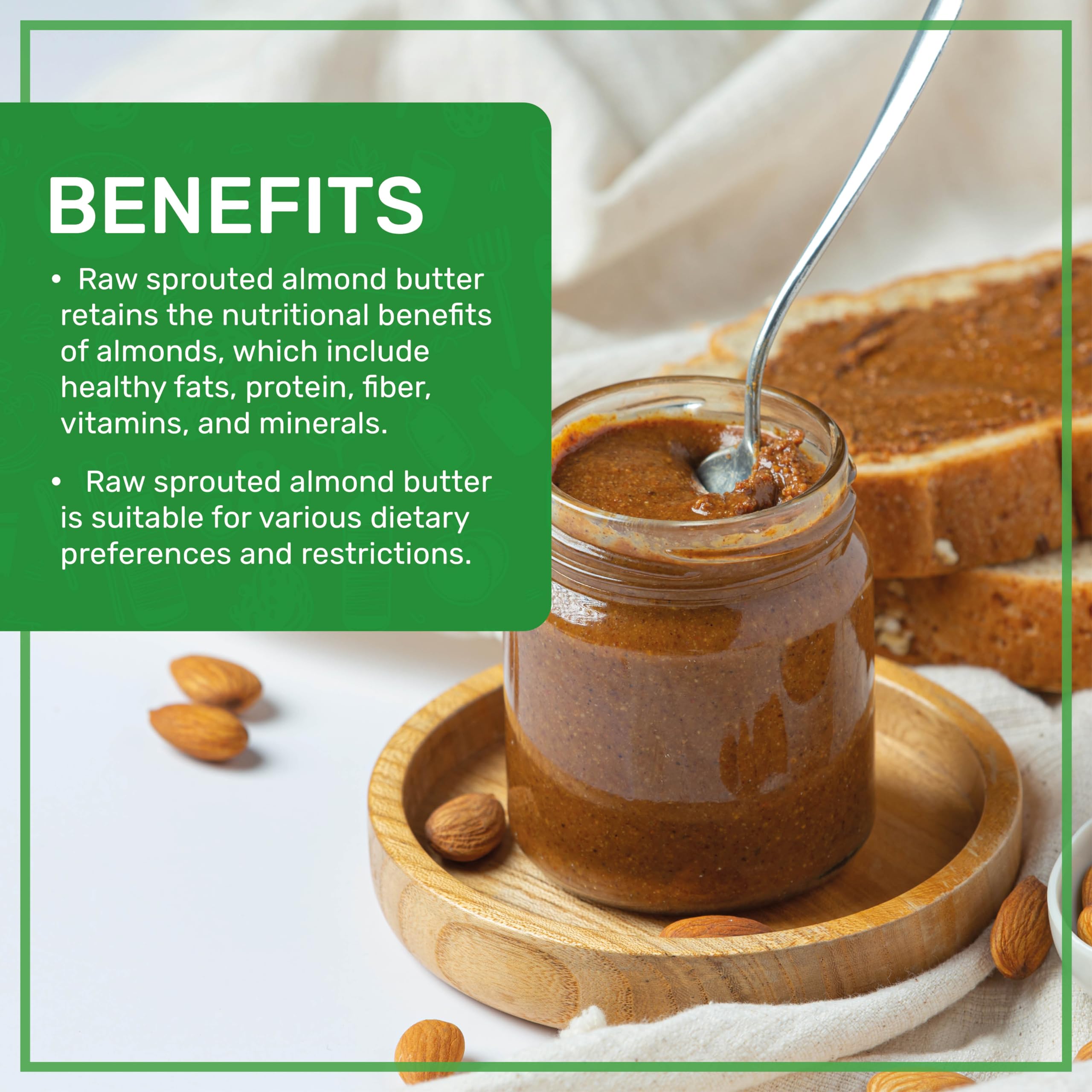 Jiva Organics spoon scooping almond butter highlighting spreadability