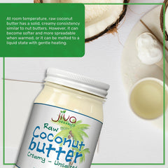 Jiva Organics spoon lifting creamy coconut butter highlighting silky mouthfeel