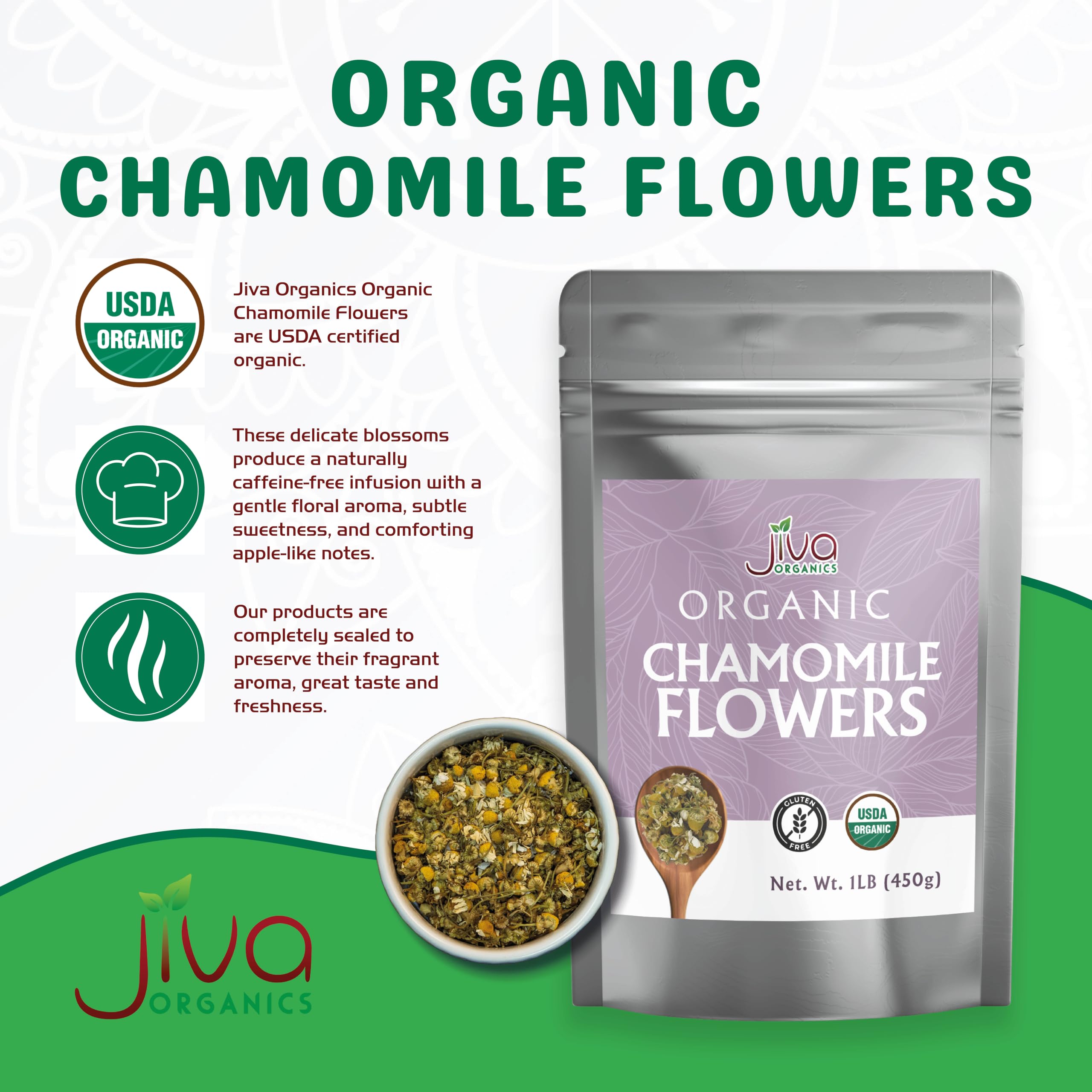 Jiva Organics brewed chamomile tea in a cup highlighting soothing clarity