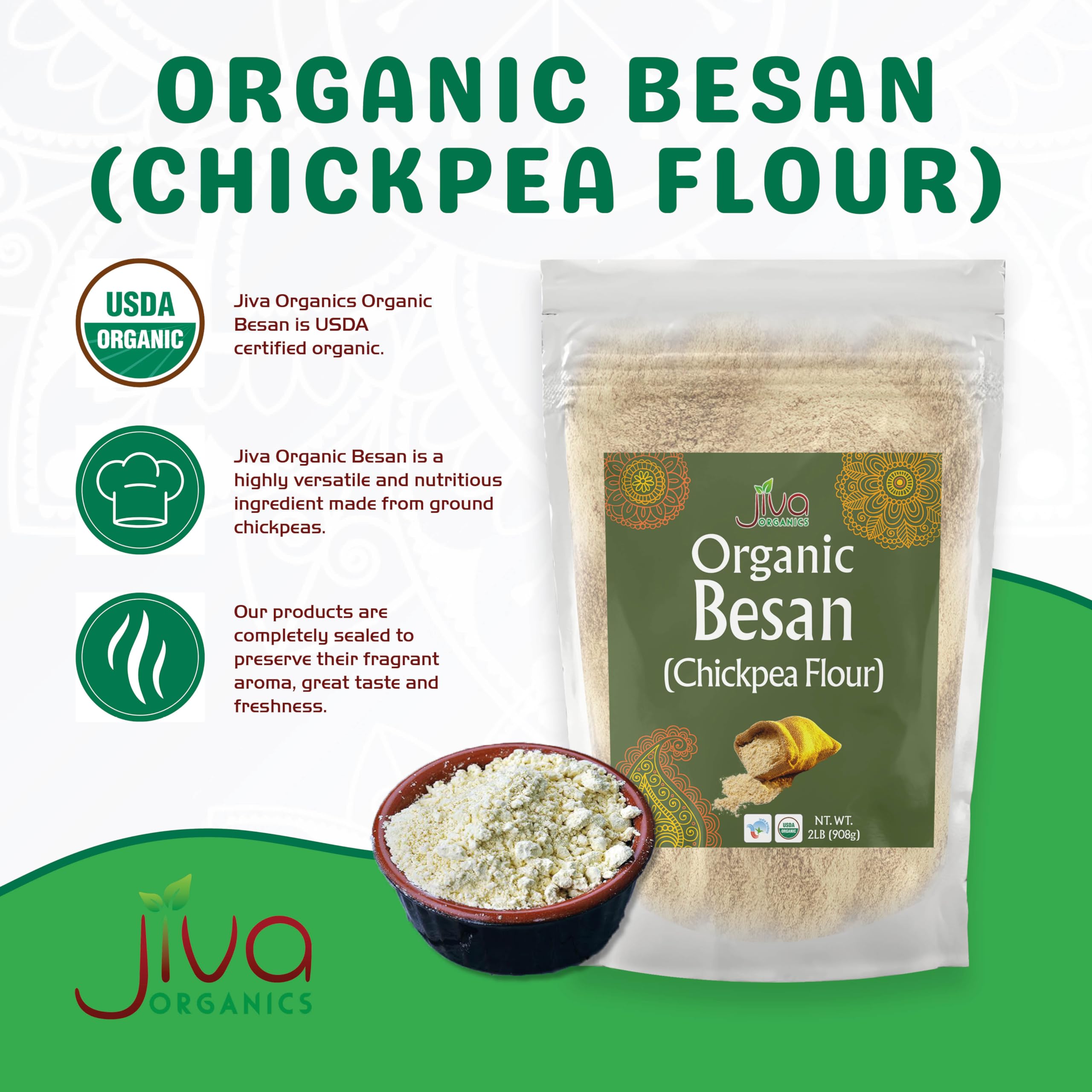Closeup of Jiva Organics fine besan texture showing consistent grind for even cooking