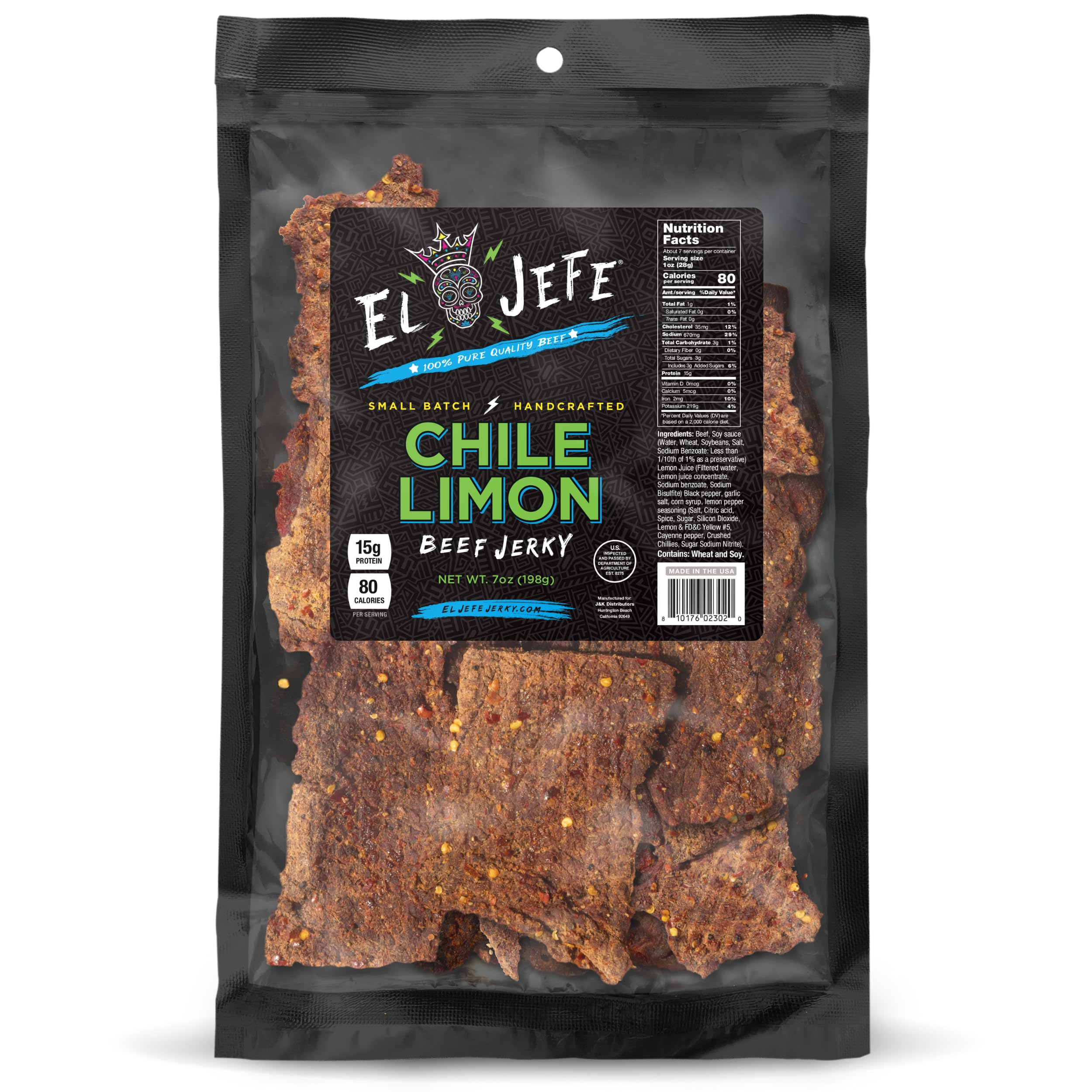 J&K Beef Jerky front packaging showing bold Chile Limon label and resealable bag benefit