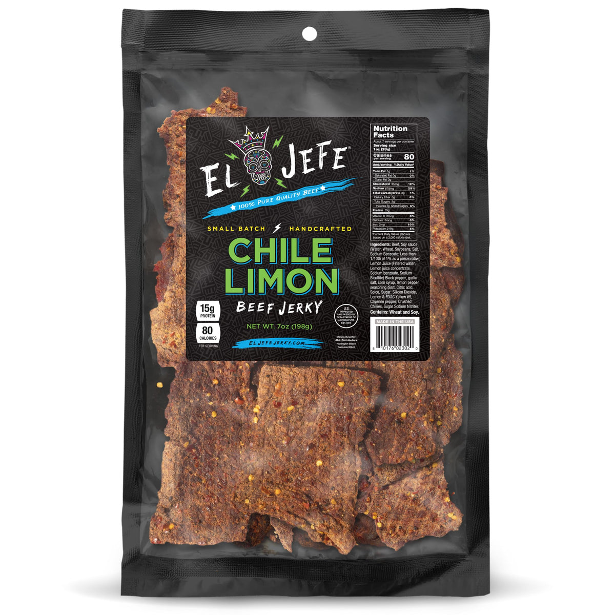 J&K Beef Jerky front packaging showing bold Chile Limon label and resealable bag benefit