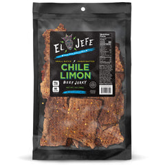 J&K Beef Jerky front packaging showing bold Chile Limon label and resealable bag benefit