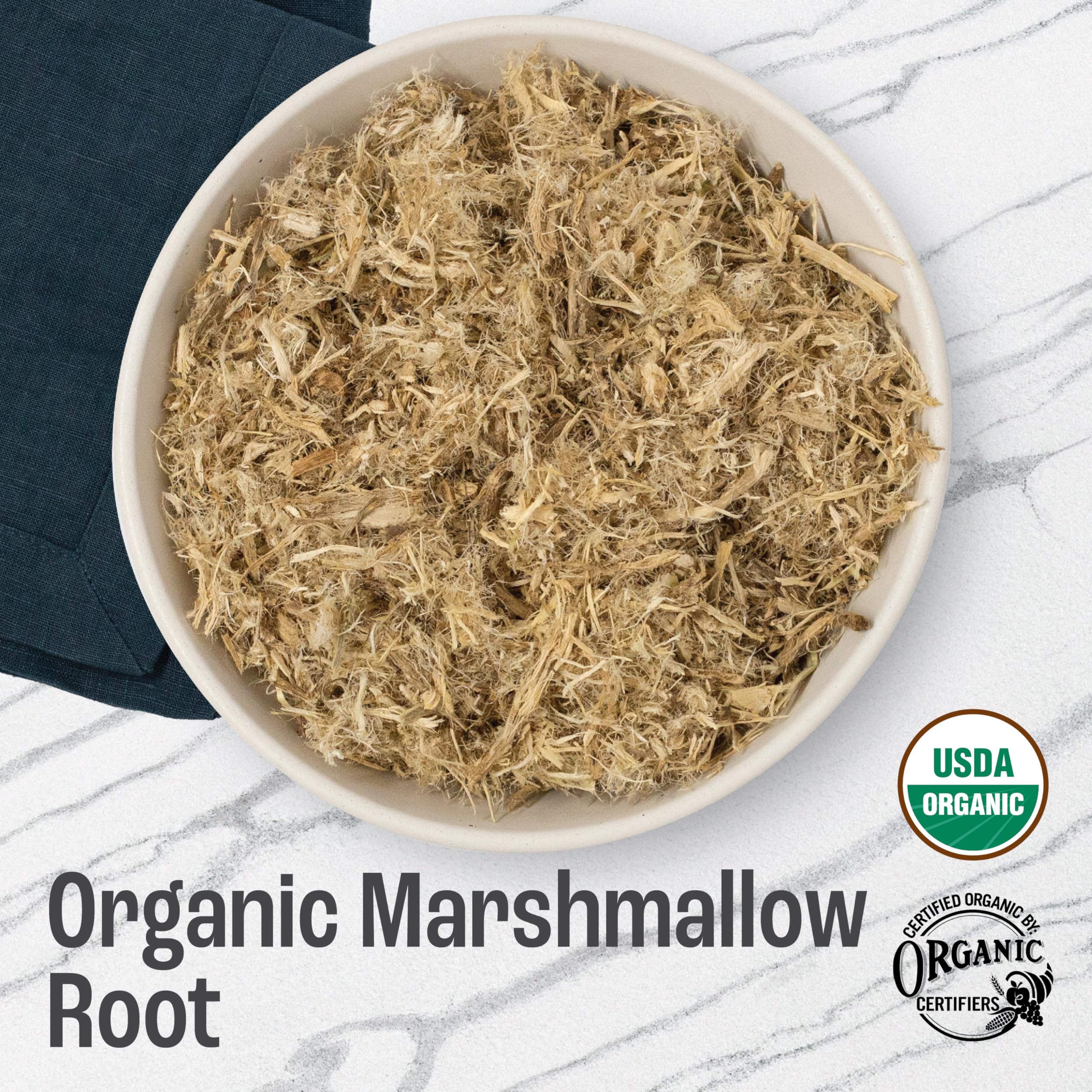 J Mac Botanicals close-up of dried marshmallow root fibers showing texture and quality