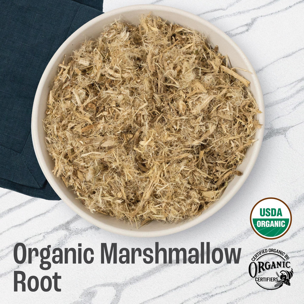 J Mac Botanicals close-up of dried marshmallow root fibers showing texture and quality