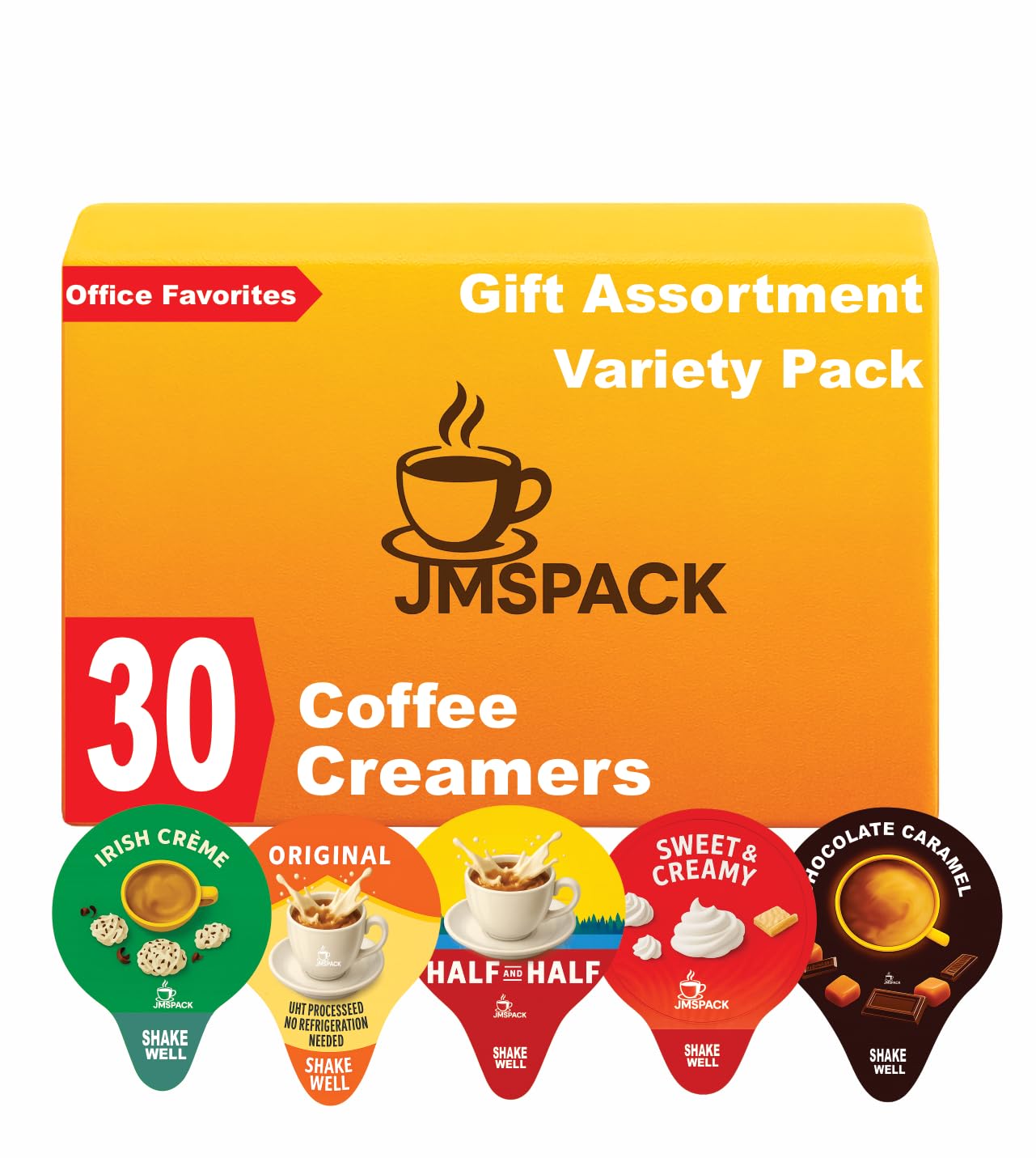 JMS PROFESSIONAL front packaging showing 30 single-serve creamers and 25 stirrers for convenience