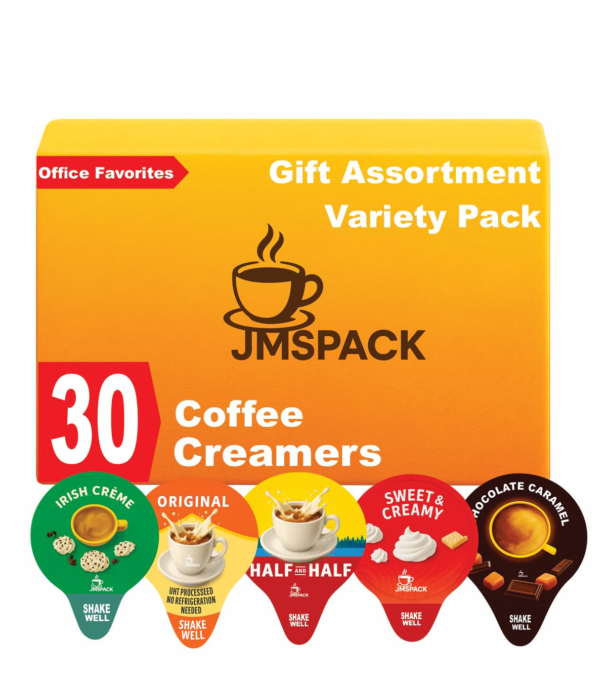 JMS PROFESSIONAL front packaging showing 30 single-serve creamers and 25 stirrers for convenience