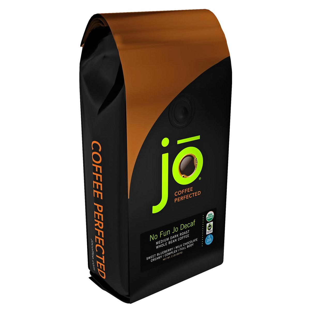 Jo Coffee front packaging of NO FUN JO DECAF showing certifications and benefit of organic decaf