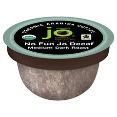 Jo Coffee front packaging showing 72 pods and organic seal, clear product benefit