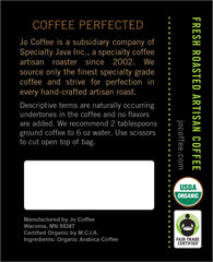 Jo Coffee whole-bean top view of NO FUN JO DECAF showing rich beans and fresh aroma