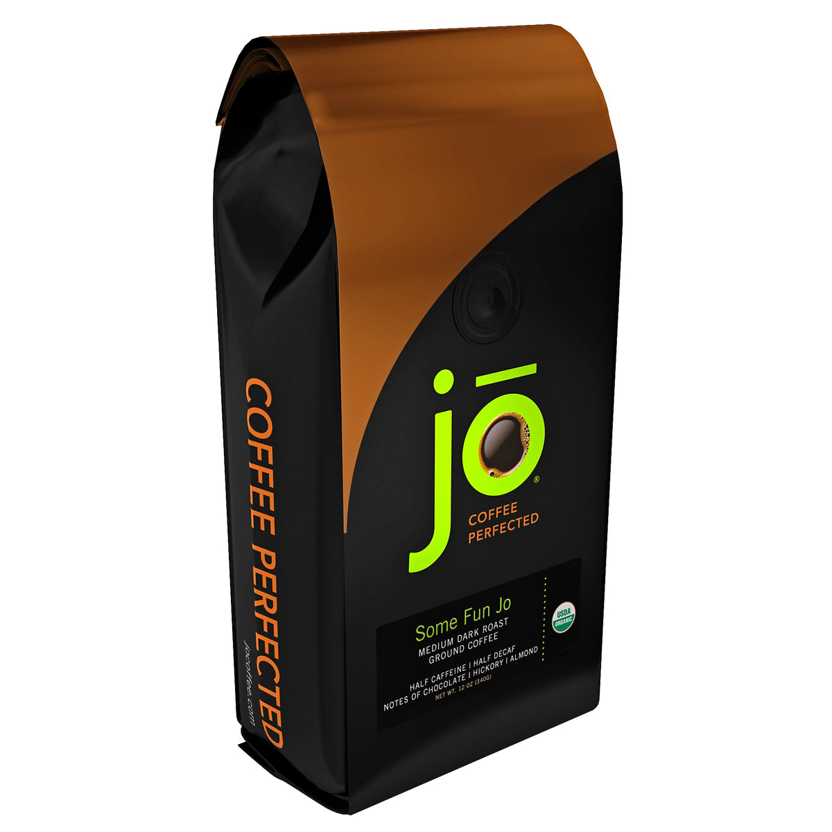 Jo Coffee front packaging 12oz shows organic label and benefits