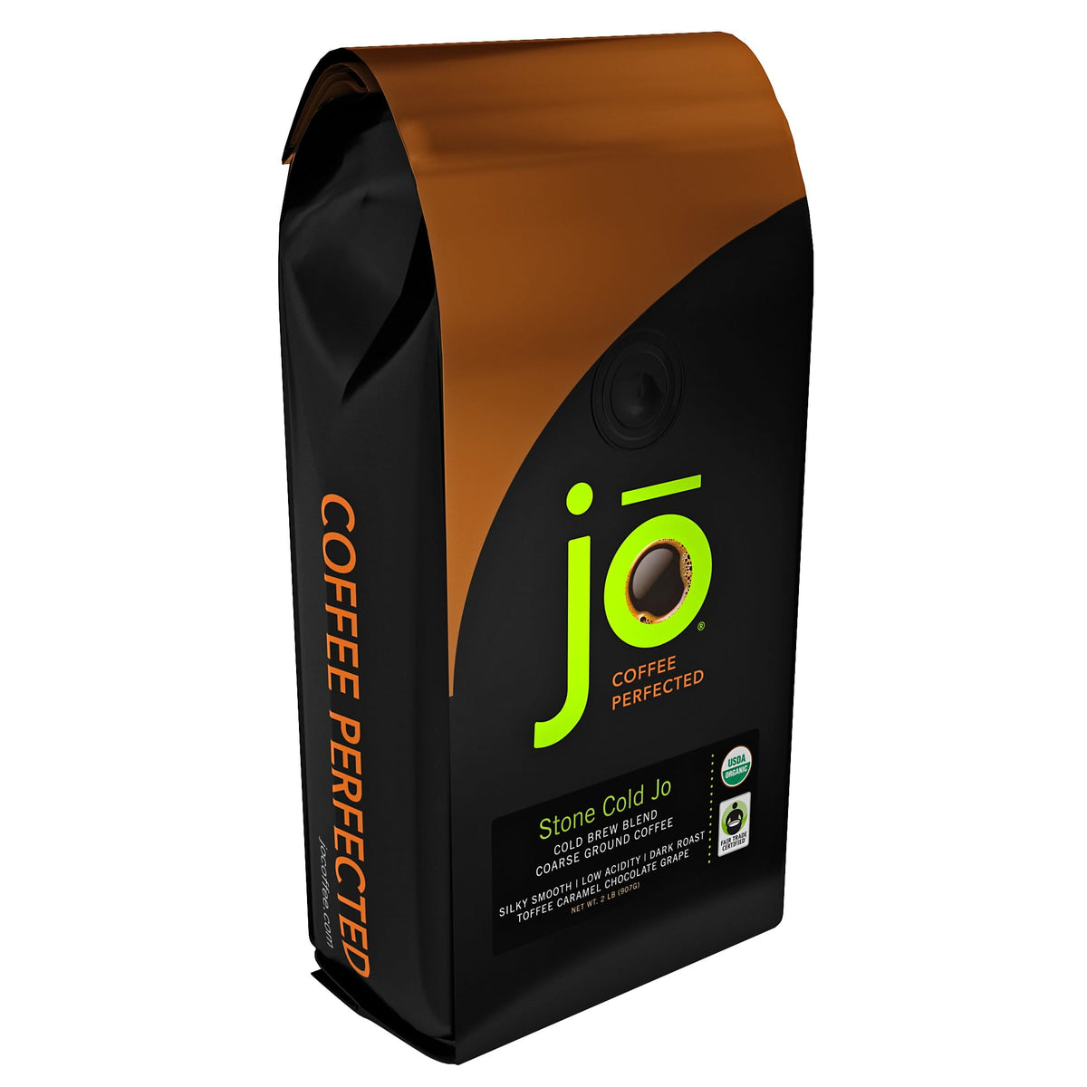 Jo Coffee front packaging showing 2 lb STONE COLD JO and benefits