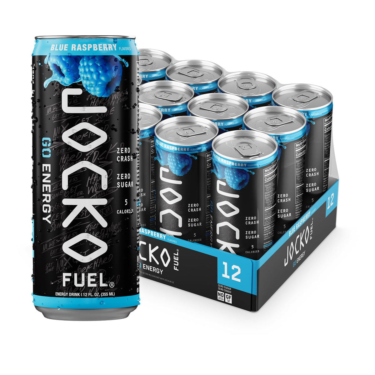 Jocko Fuel GO front packaging showing blue raspberry flavor and zero sugar benefit