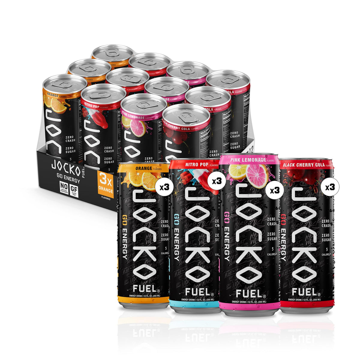 Jocko Fuel GO front-packaging showing four-flavor variety, perfect for flavor choice