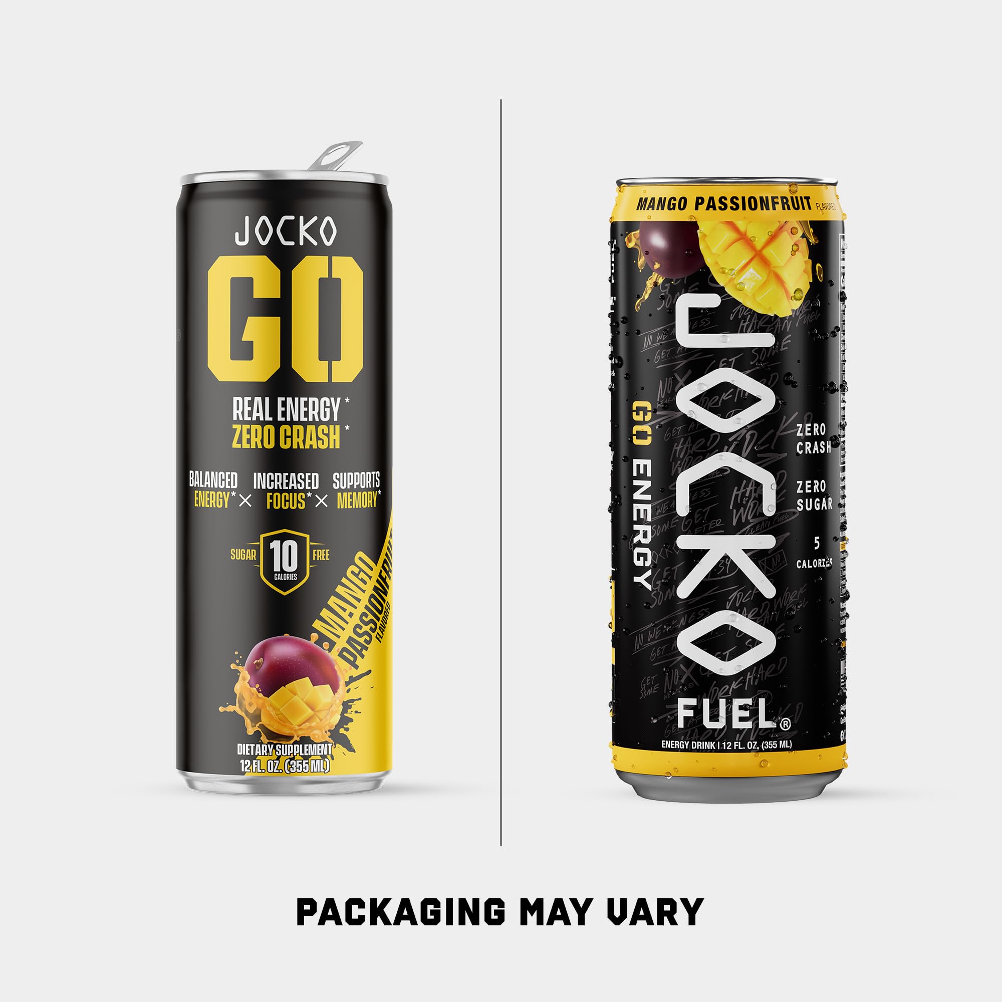 Jocko GO can close-up label highlighting mango passionfruit flavor and no-sugar benefit