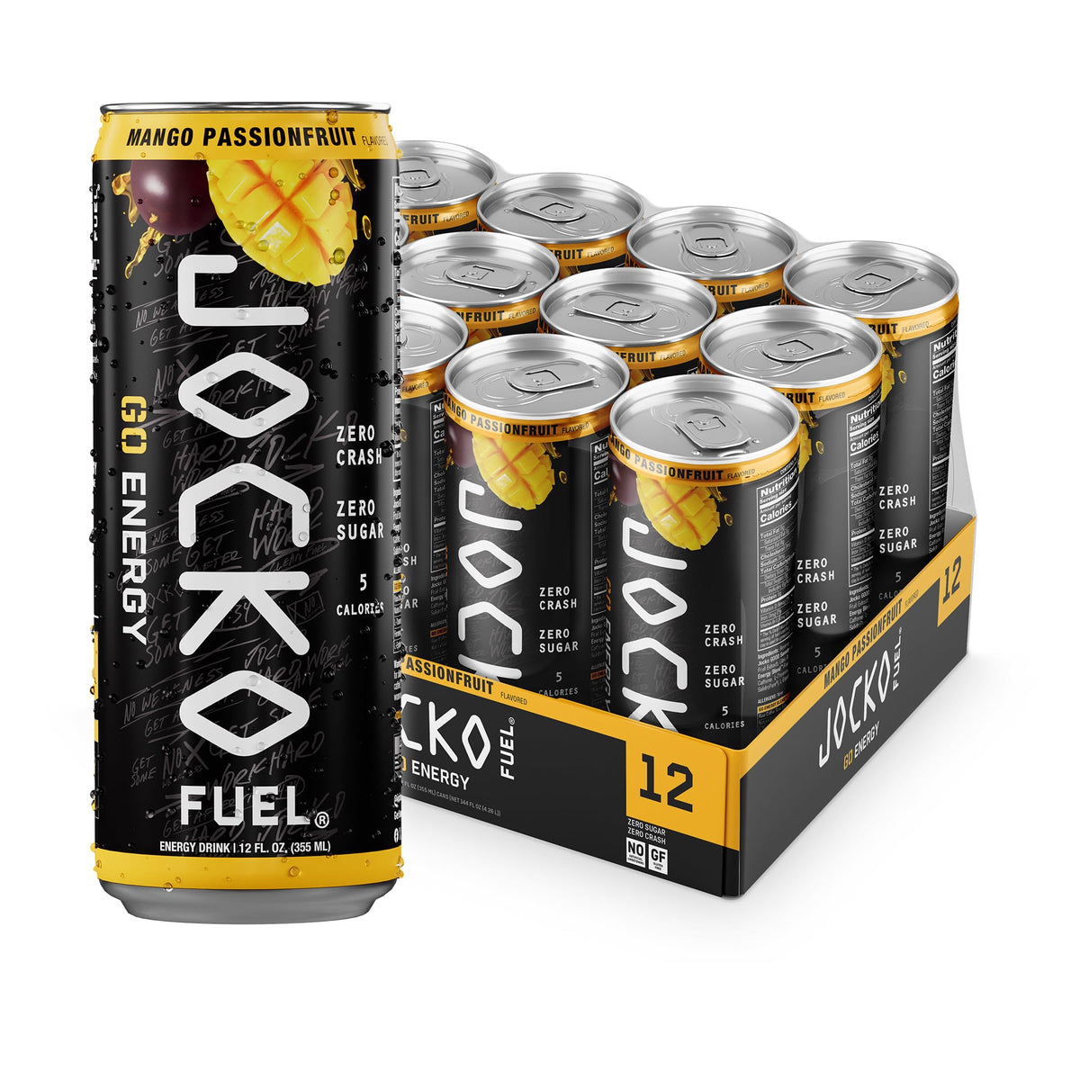 Jocko GO mango passionfruit front packaging showing 12-pack and bold branding for convenience