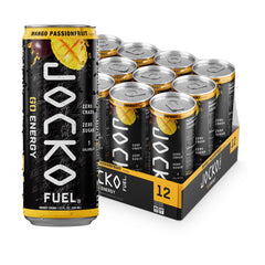 Jocko GO mango passionfruit front packaging showing 12-pack and bold branding for convenience