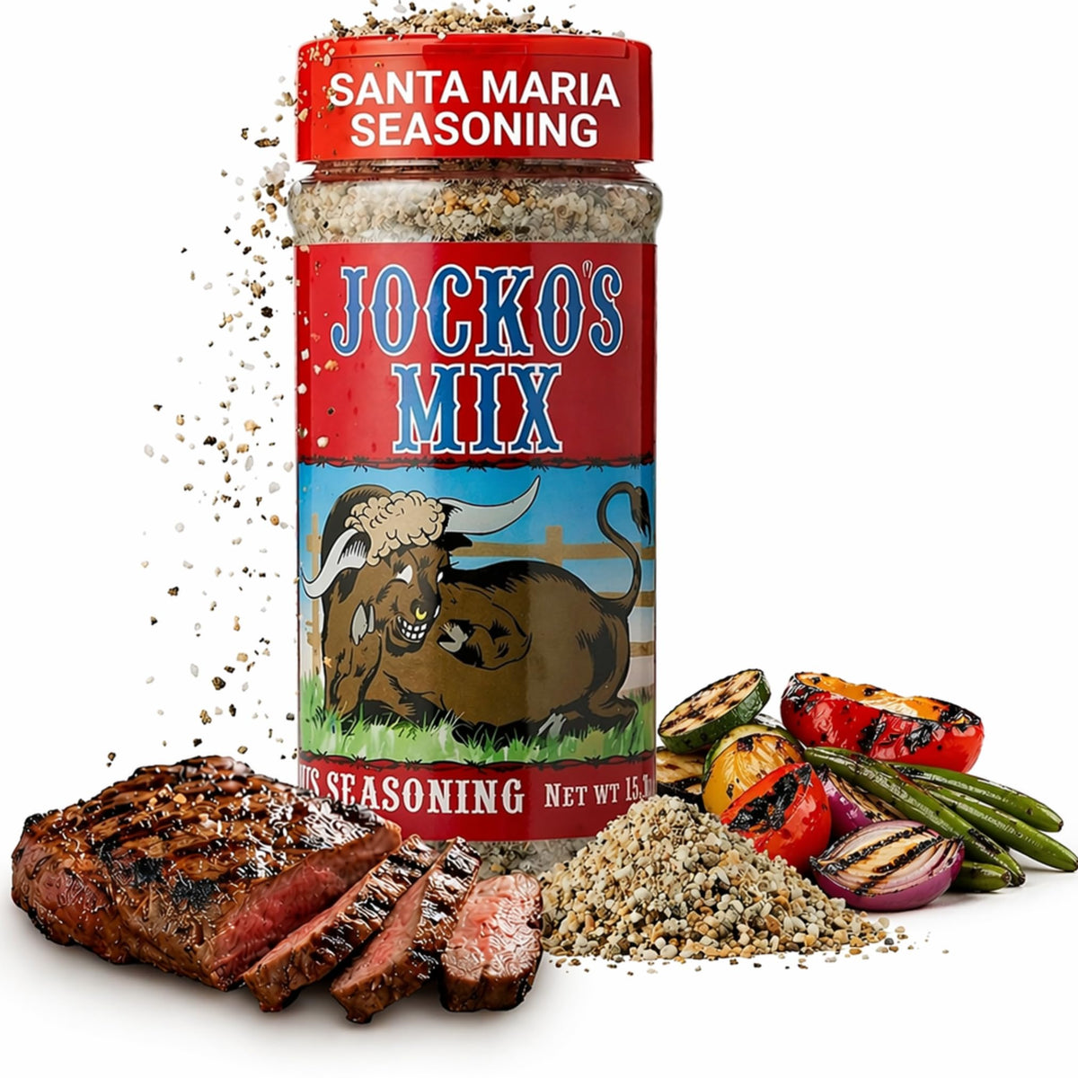 Jocko's front packaging showing bold Santa Maria seasoning and large bottle convenience