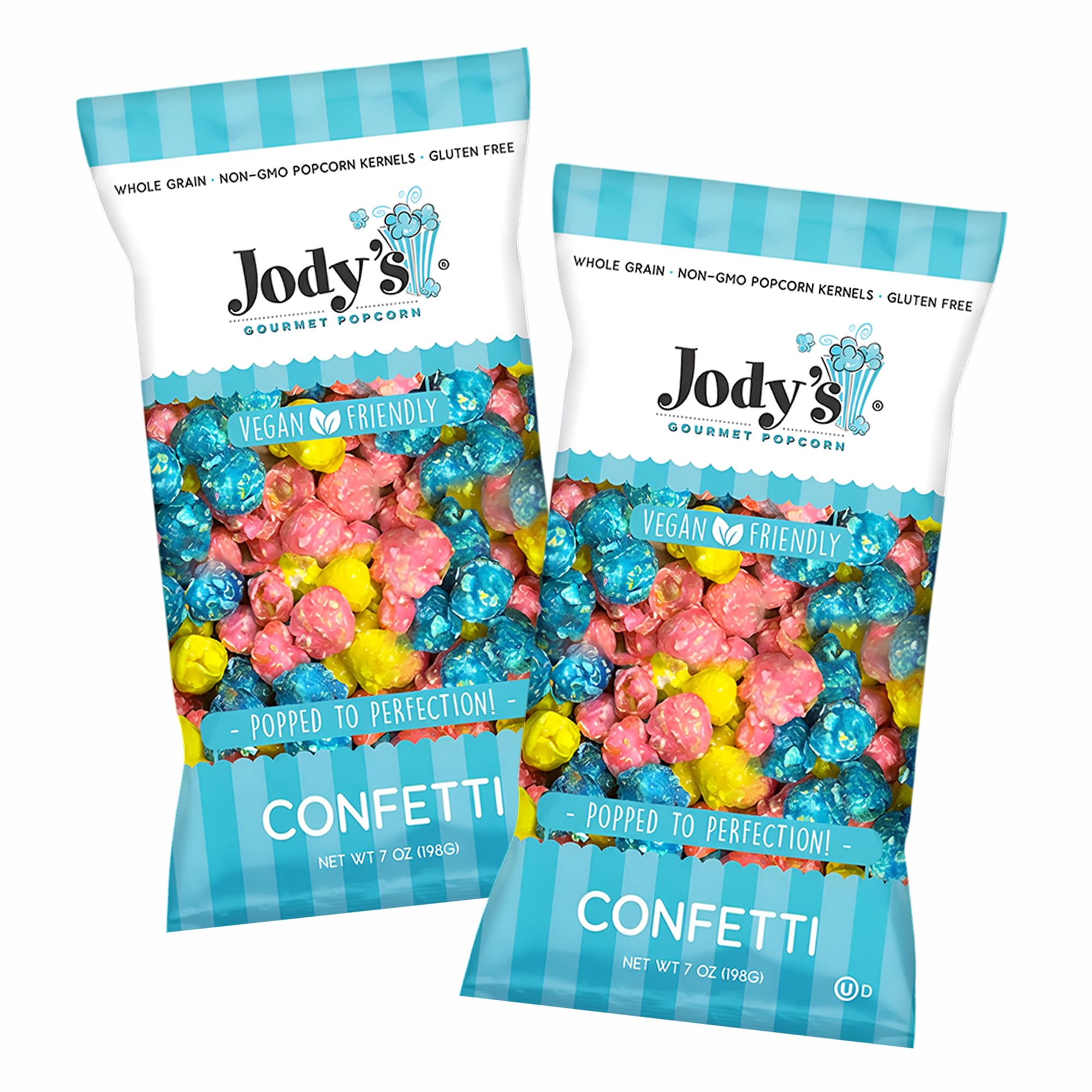 Jody's front packaging showing colorful confetti popcorn and festive appeal
