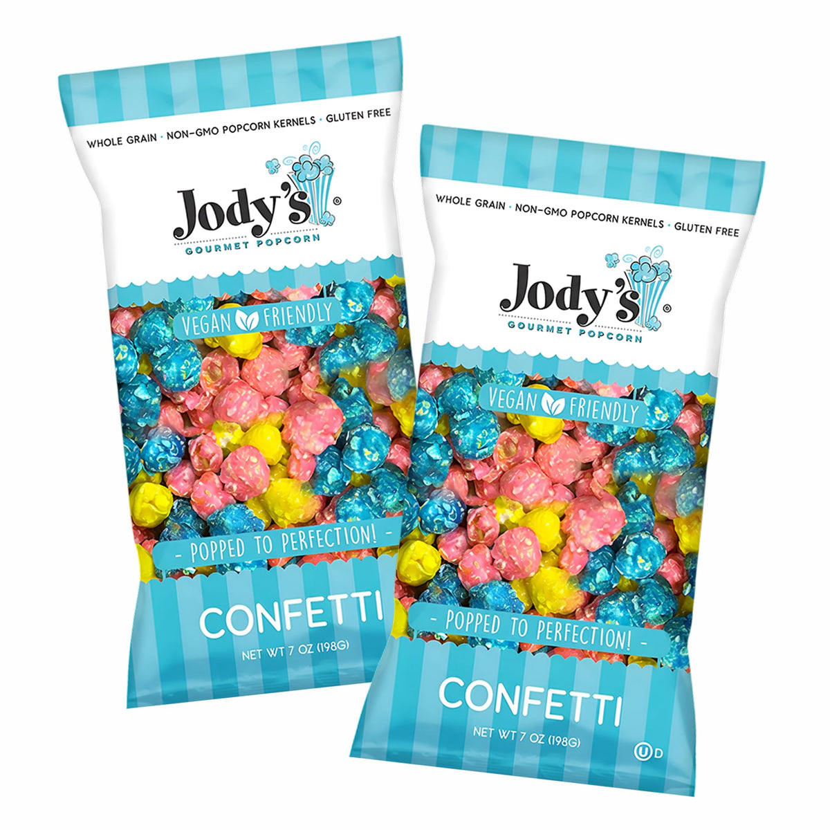 Jody's front packaging showing colorful confetti popcorn and festive appeal
