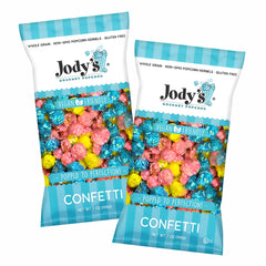 Jody's front packaging showing colorful confetti popcorn and festive appeal