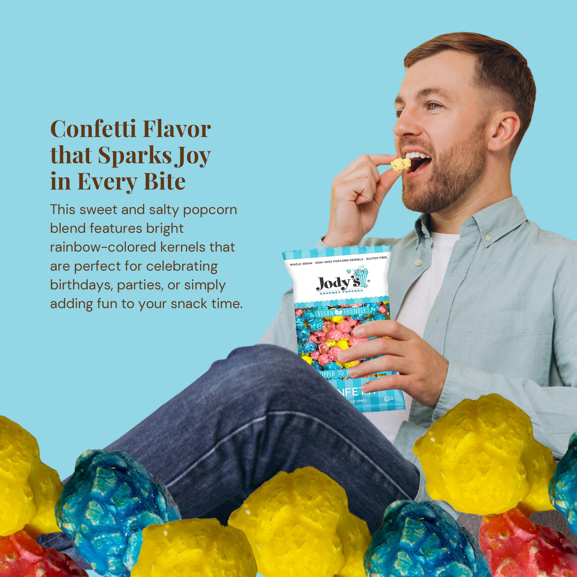 Jody's popcorn bag held in hand illustrating 7oz portion size convenience