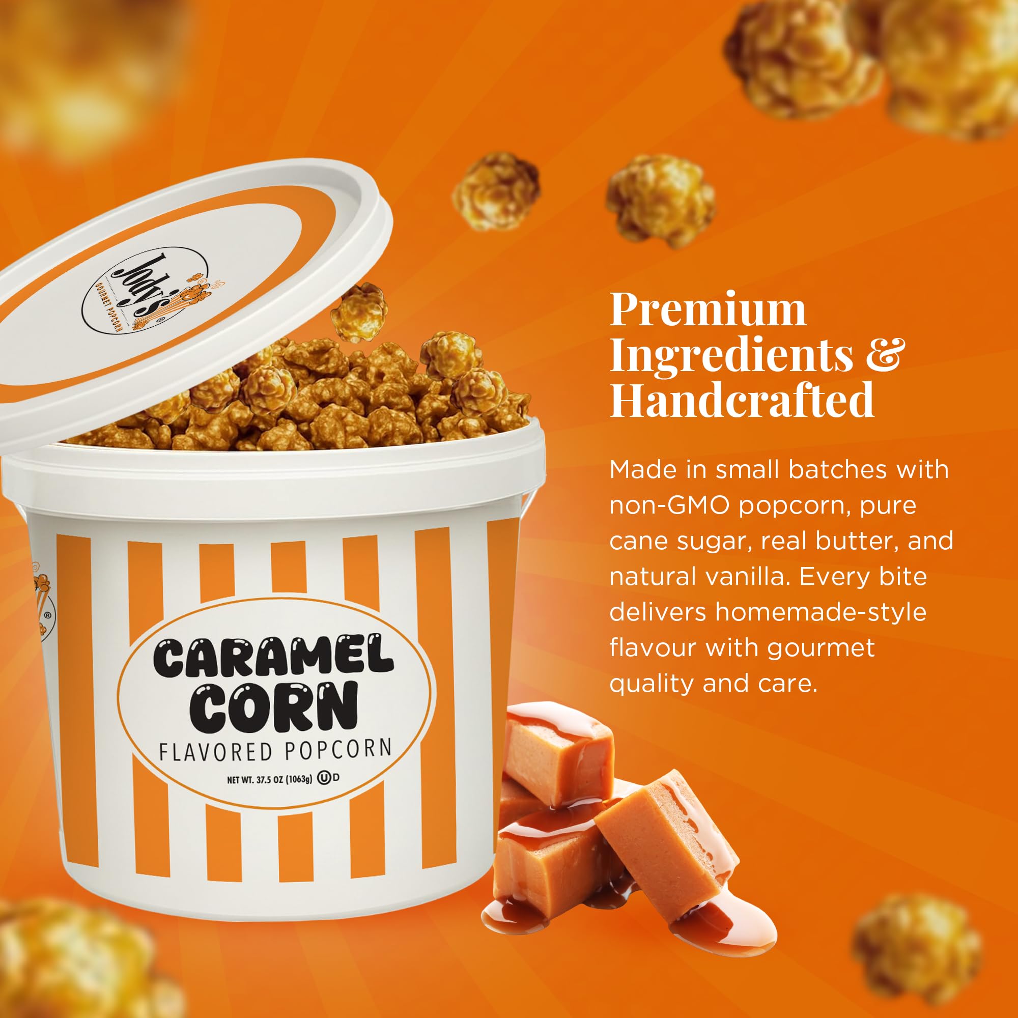 Jody's open tub with popcorn visible and resealable lid for freshness