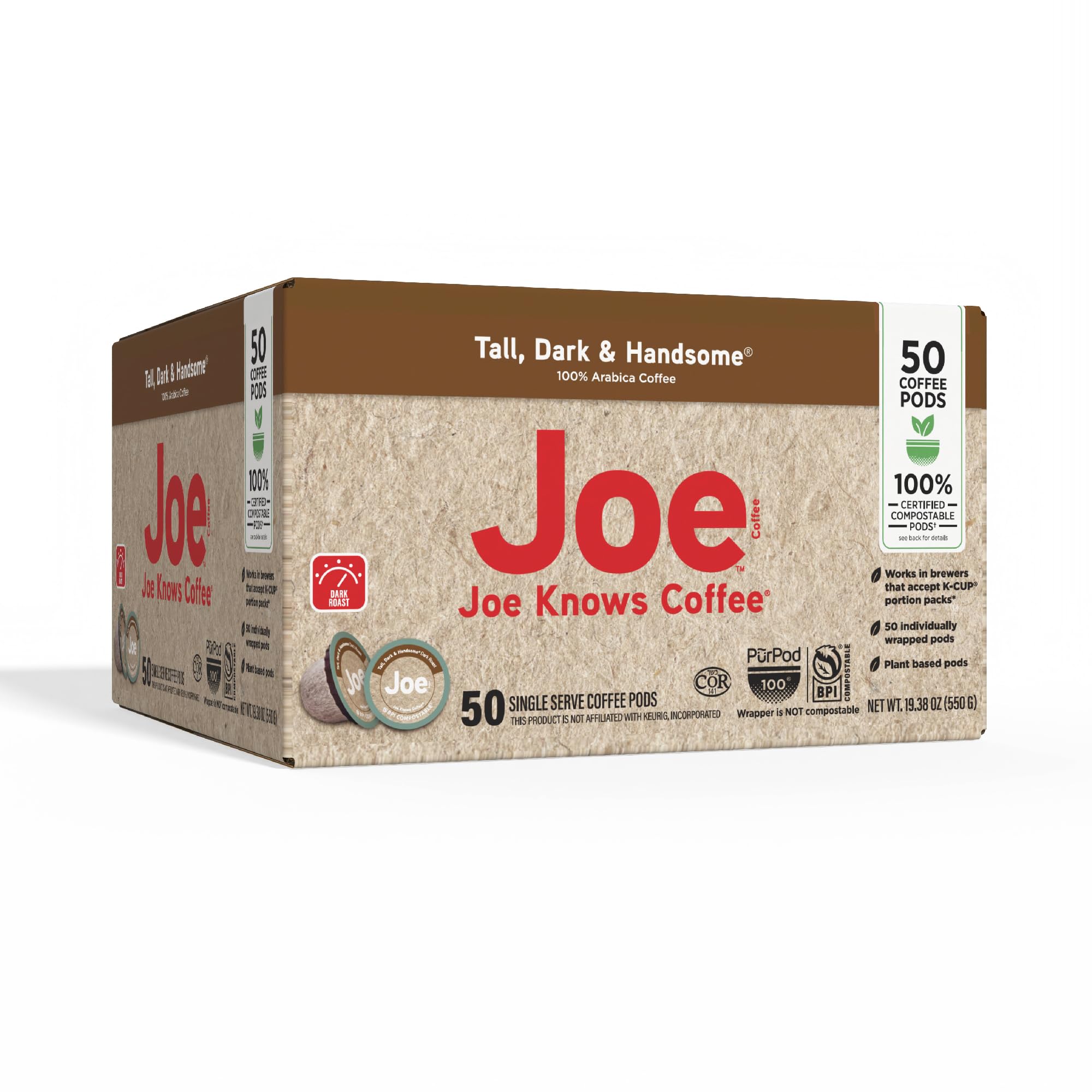 Joe Knows Coffee compostable certification label highlighting BPI claim and eco benefit