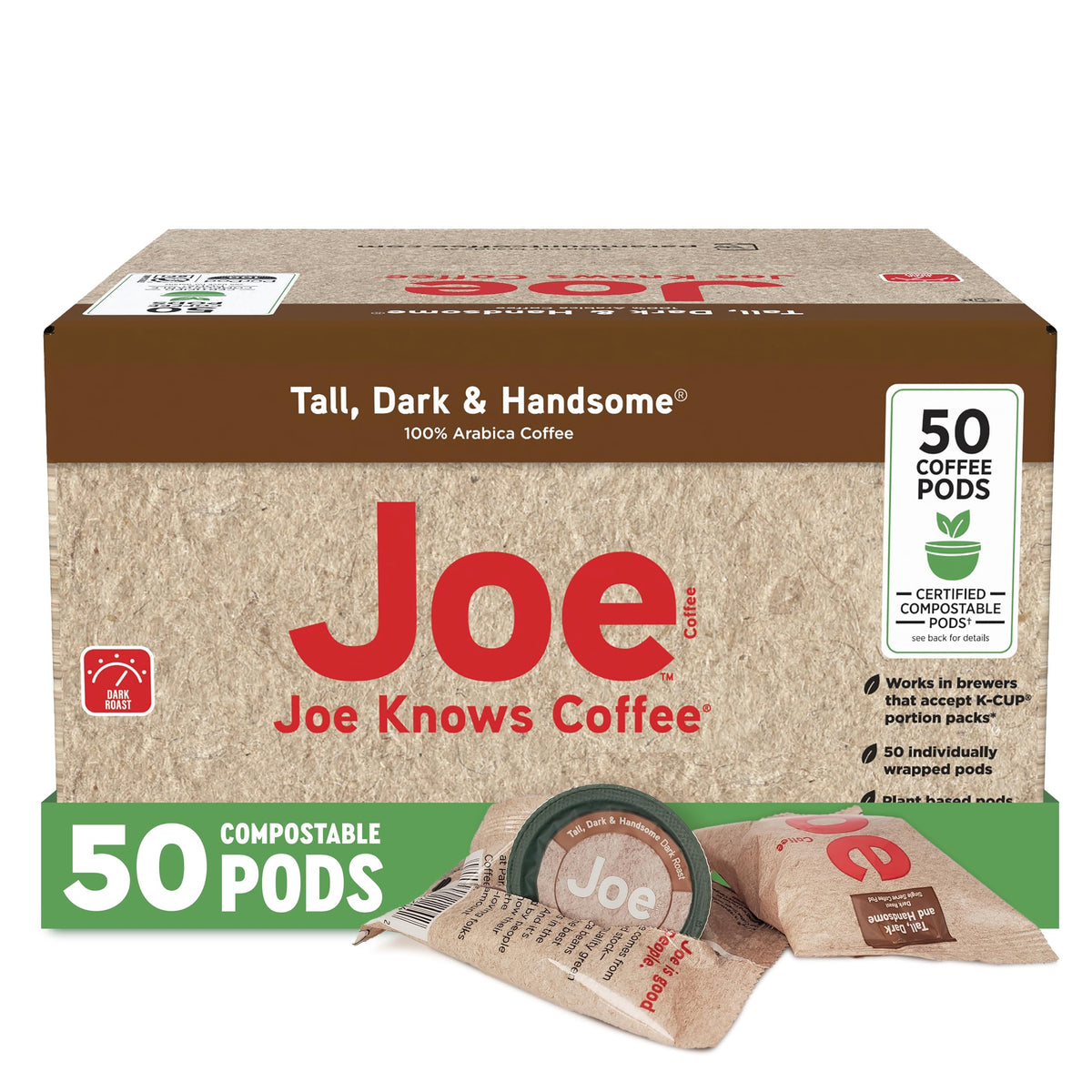 Joe Knows Coffee front box showing 50 compostable pods and clear branding for convenience